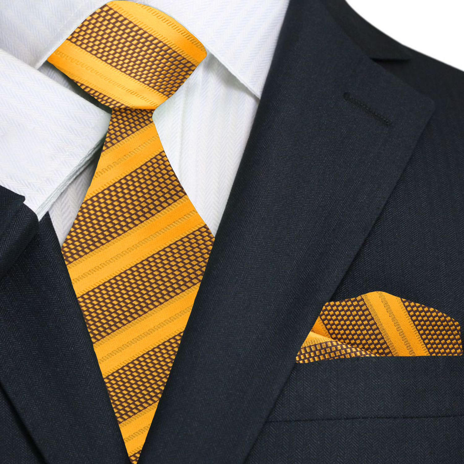 Man wearing a formal necktie for business meetings with a matching handkerchief