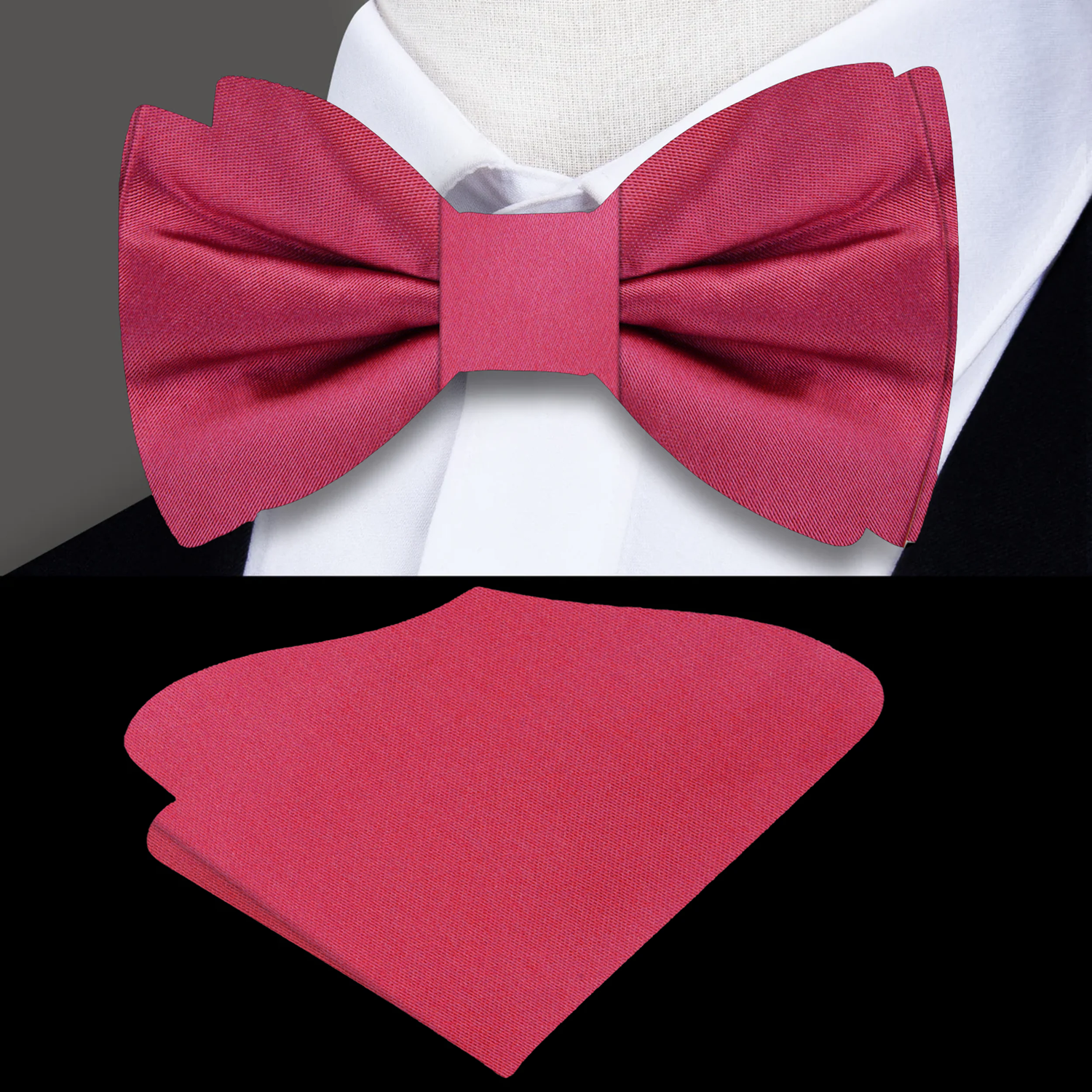 The deep red silk bow tie elegantly paired with a crisp white shirt, perfect for a black-tie event.