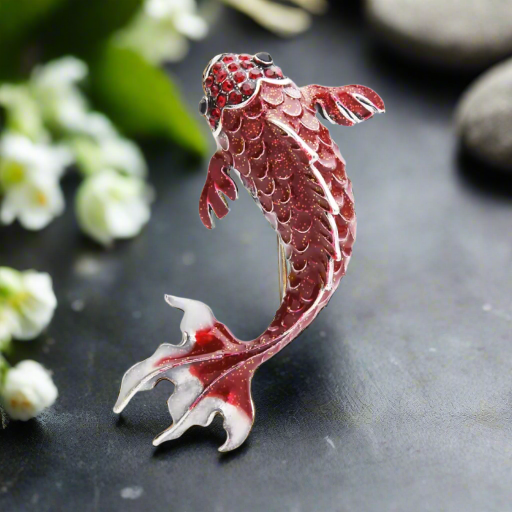 Koi Fish Lapel Pin pinned to a stylish denim jacket, adding flair to an everyday look.