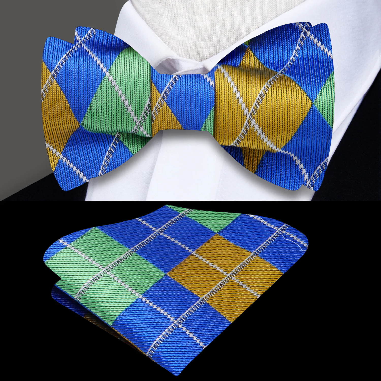 Stylish pocket square accompanying the argyle bow tie, showcasing its matching colors.