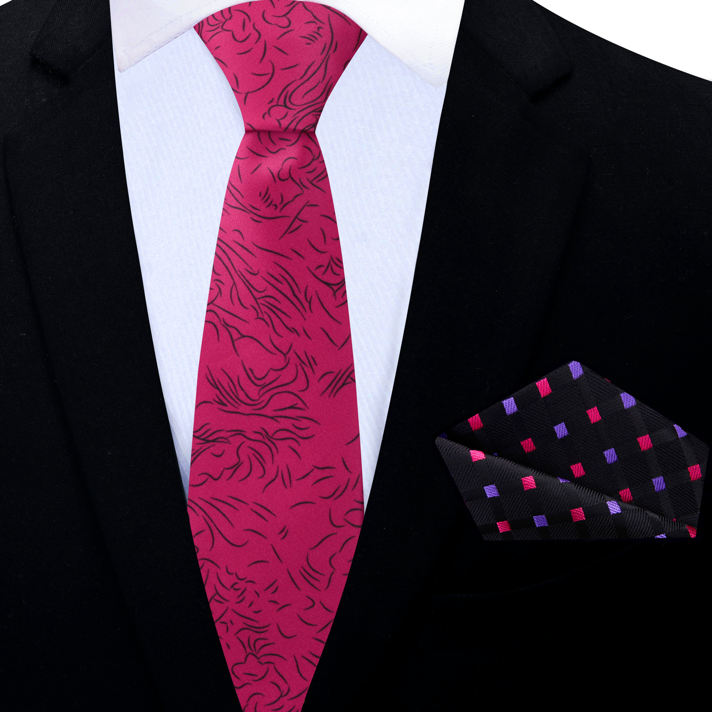 Close-up view of the rose abstract silk necktie, highlighting the detailed design and rich color suitable for weddings.