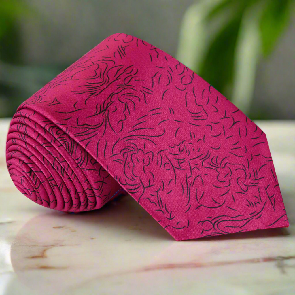 Elegant rose abstract silk necktie displayed on a white background, showcasing its intricate patterns and luxurious texture.