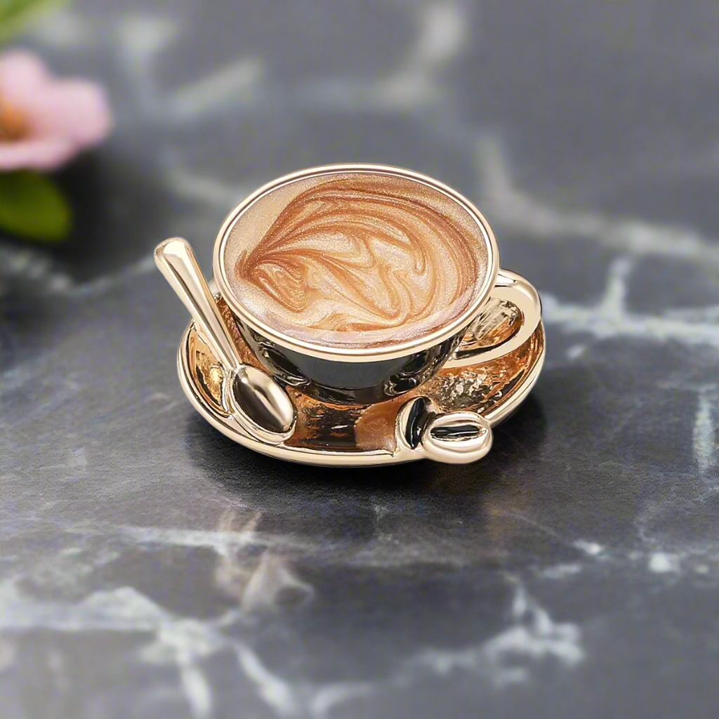 Chic coffee lapel pin showcasing a detailed coffee cup design, ideal for fashion-forward coffee enthusiasts.