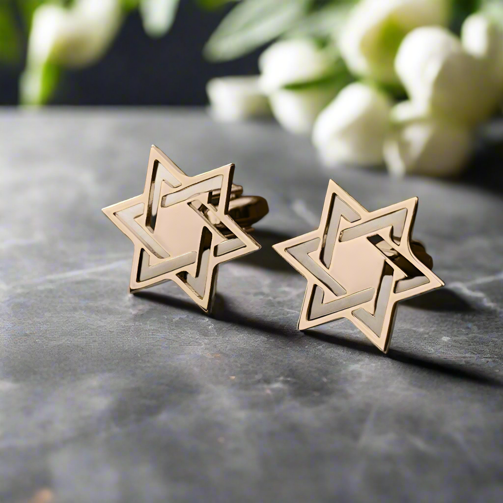 Elegant Star of David cufflinks in chrome finish on dress shirt cuff