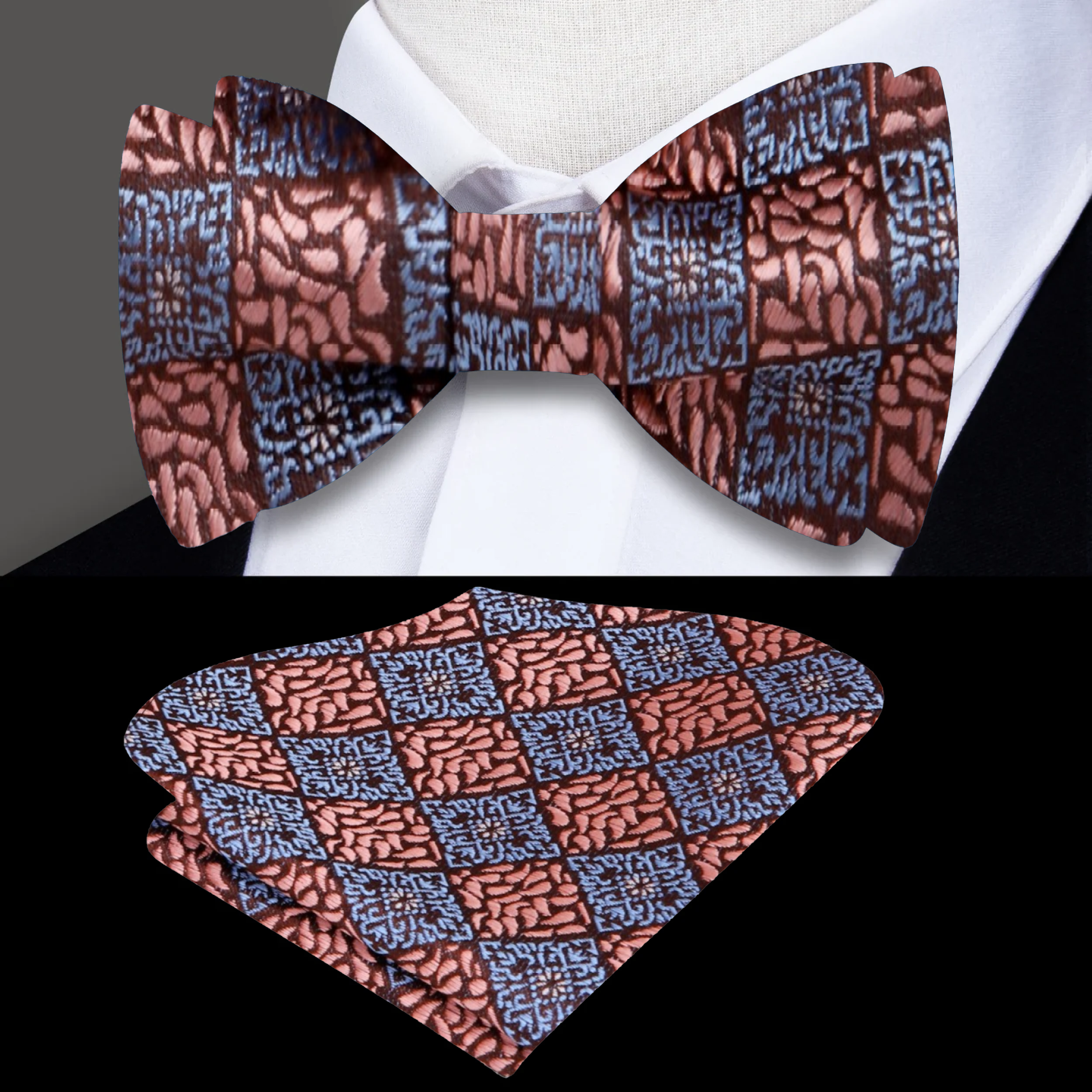 Front view of the elegant rose gold pre-tied bow tie for kids, showcasing its paisley pattern.