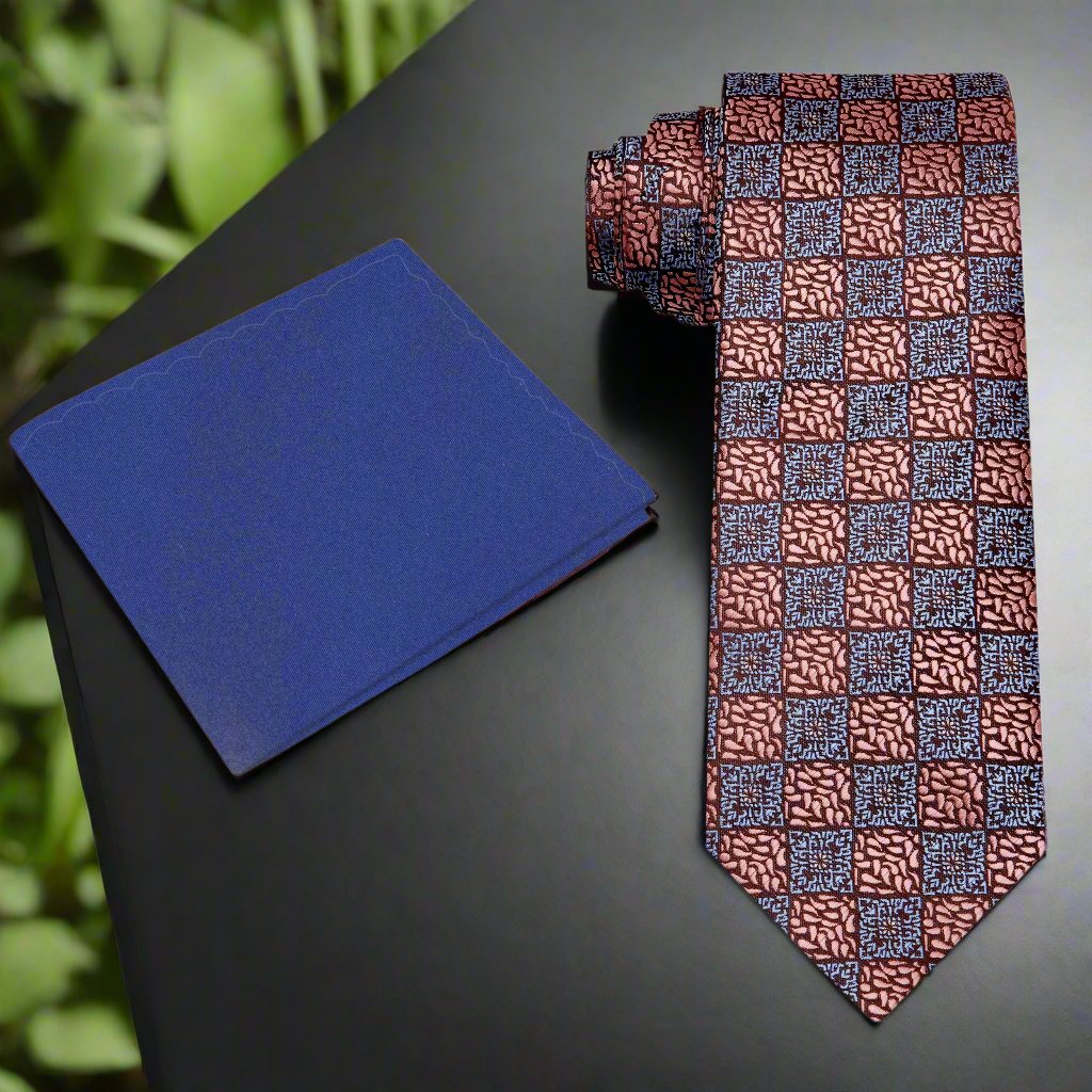 Close-up of the rose gold geometric necktie showcasing its intricate design.