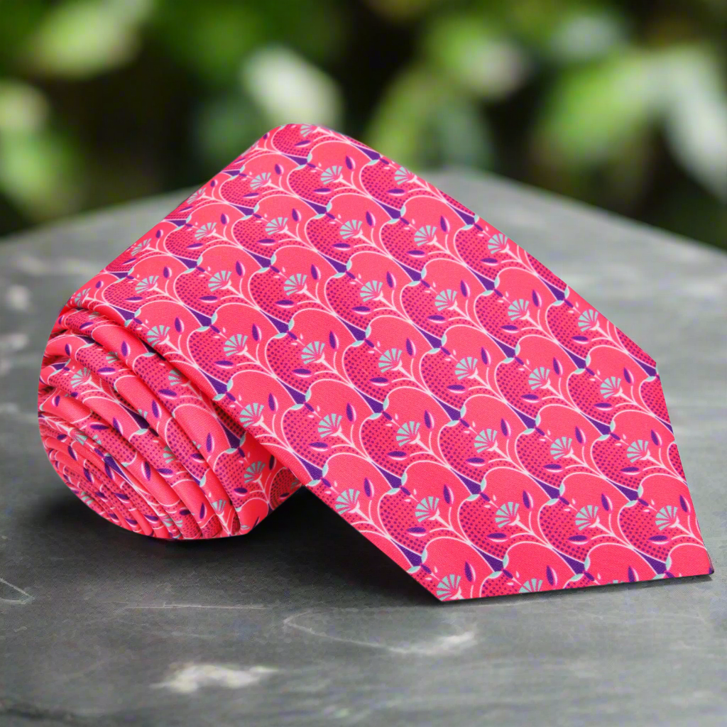 Rosefire silk tie draped over a white dress shirt, highlighting the apple slice abstract pattern