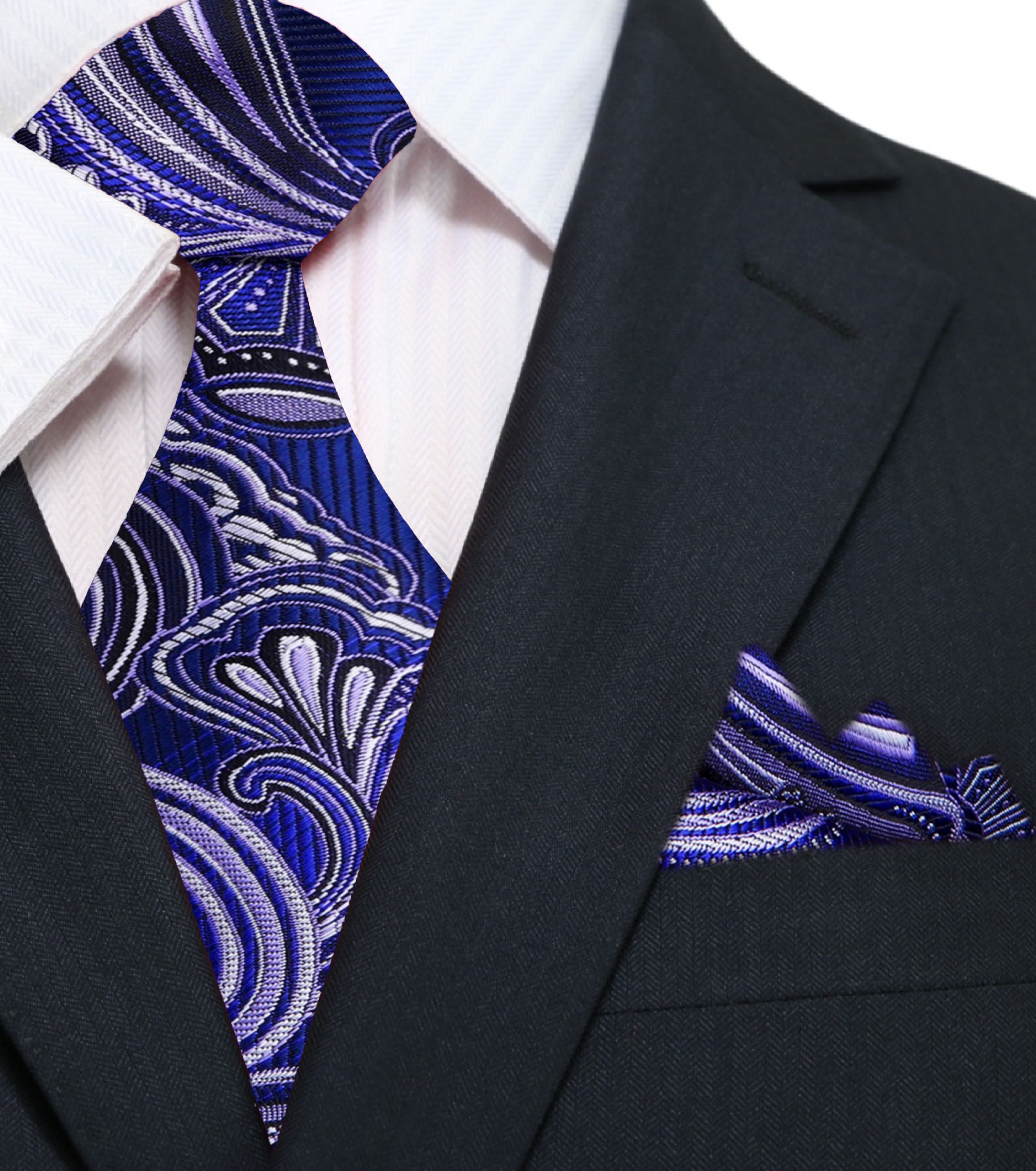 Burgundy paisley silk necktie paired with a matching pocket square, accentuating formal attire.