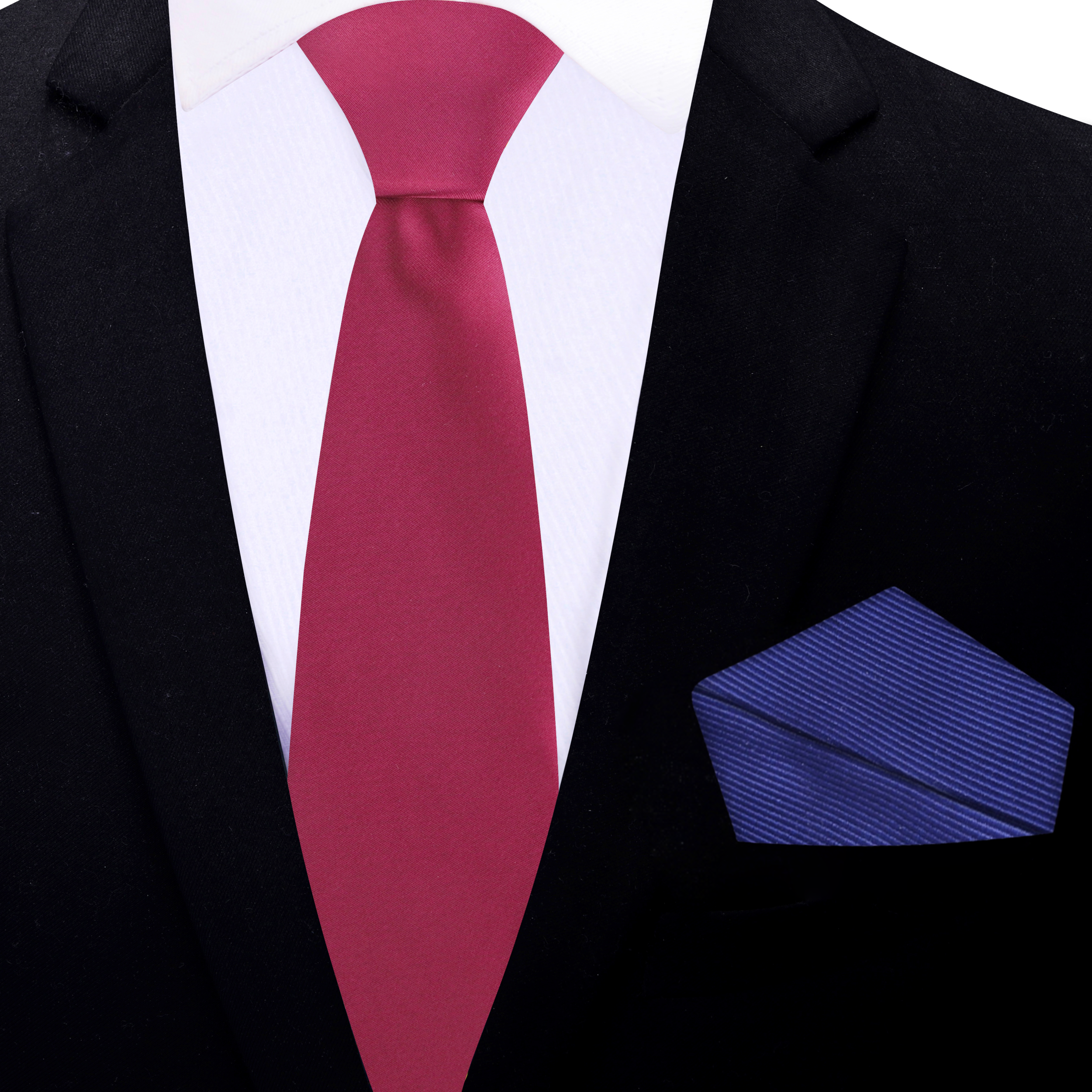 The deep red necktie styled with a white dress shirt and charcoal grey suit, ideal for business meetings.