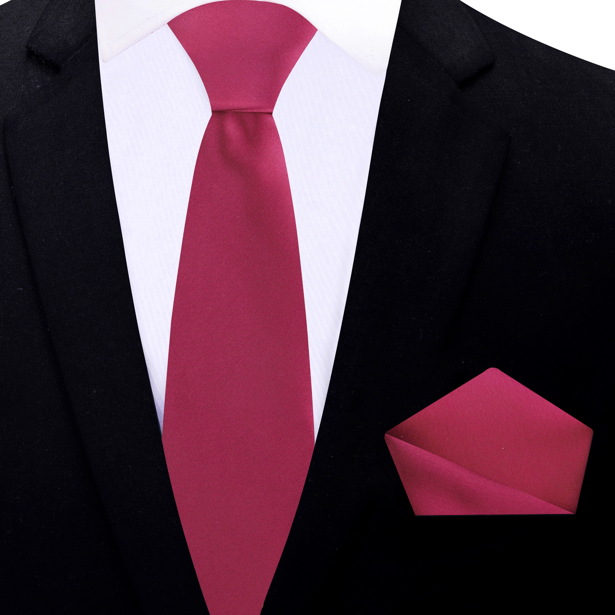 The deep red necktie styled with a white dress shirt and charcoal grey suit, ideal for business meetings.