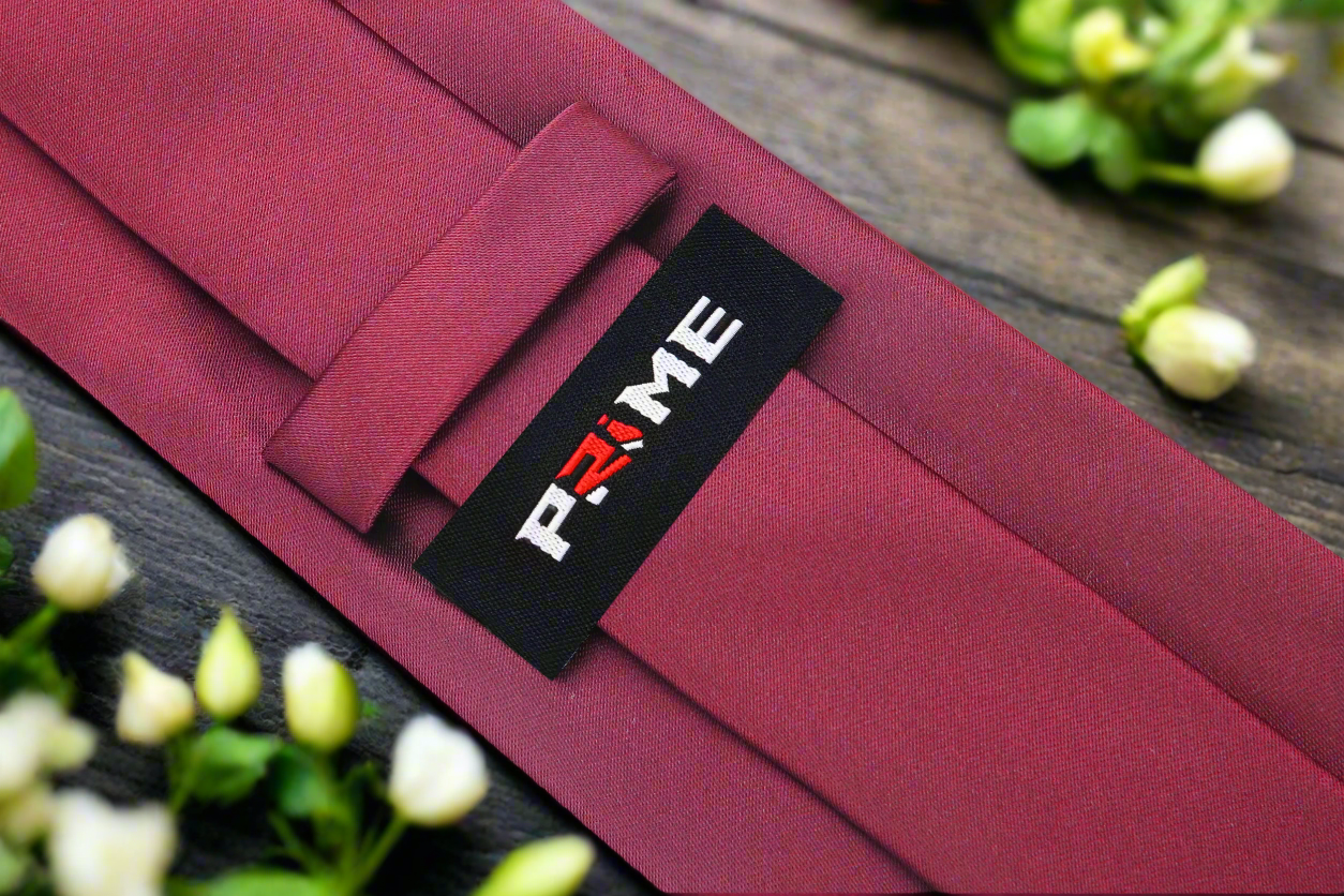 Close-up of the deep red silk ties texture, highlighting its quality and craftsmanship.