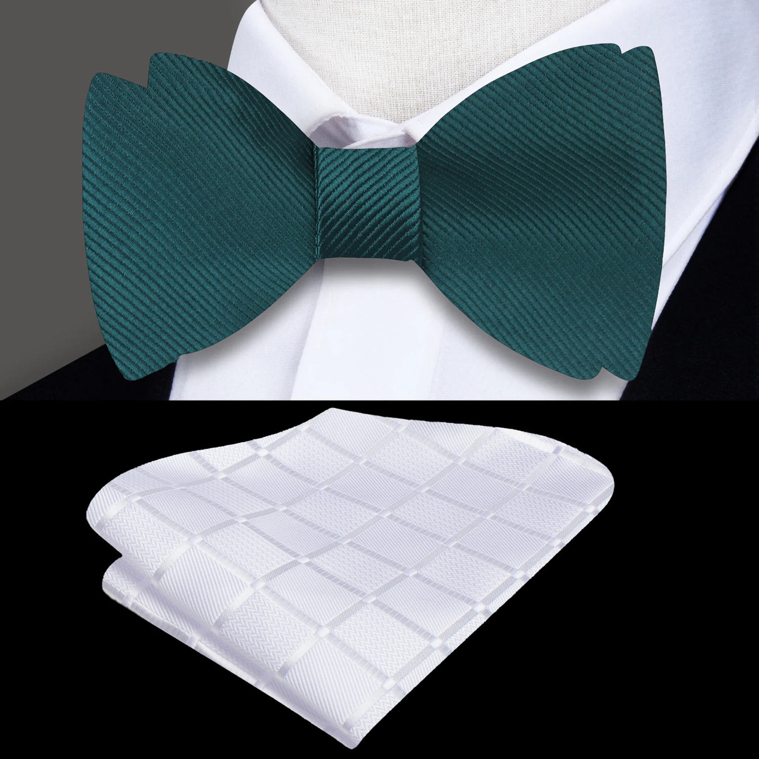 Close-up of a dark green silk bow tie with a subtle sheen, perfect for formal occasions