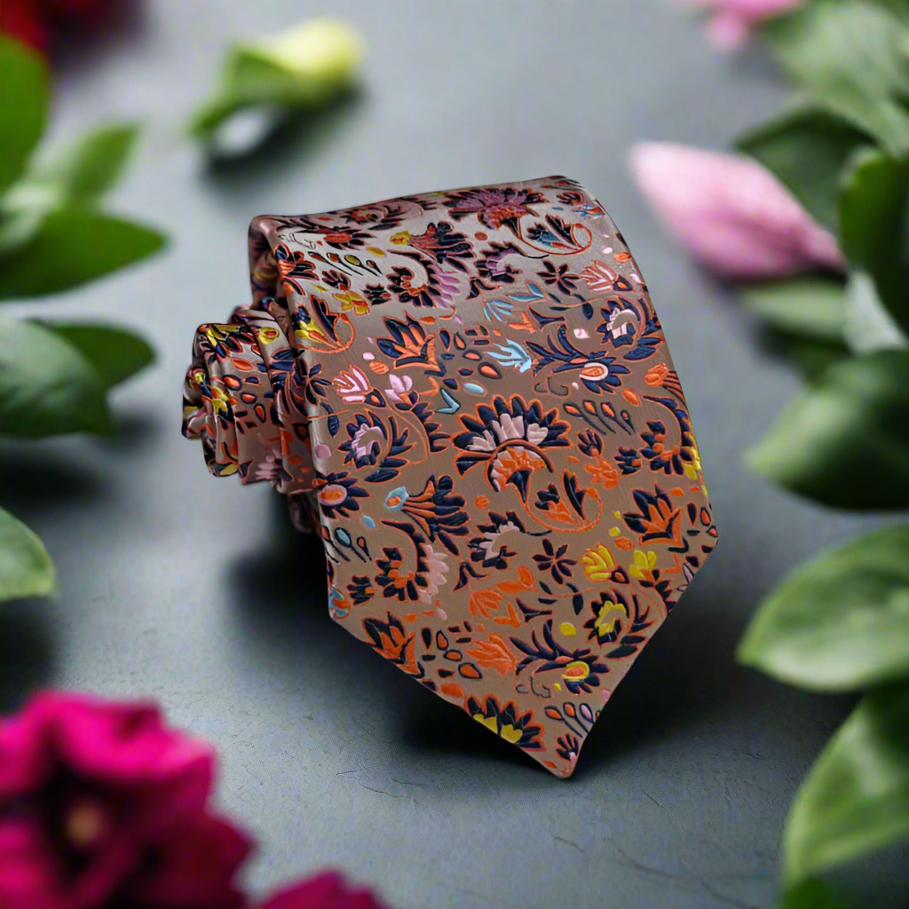 Elegant floral brocade silk necktie in apricot and navy for weddings