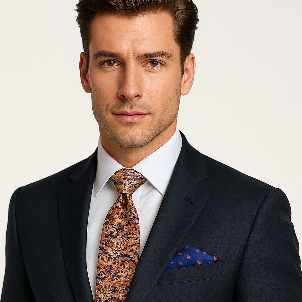 Close-up of detailed floral embroidery on a silk brocade necktie