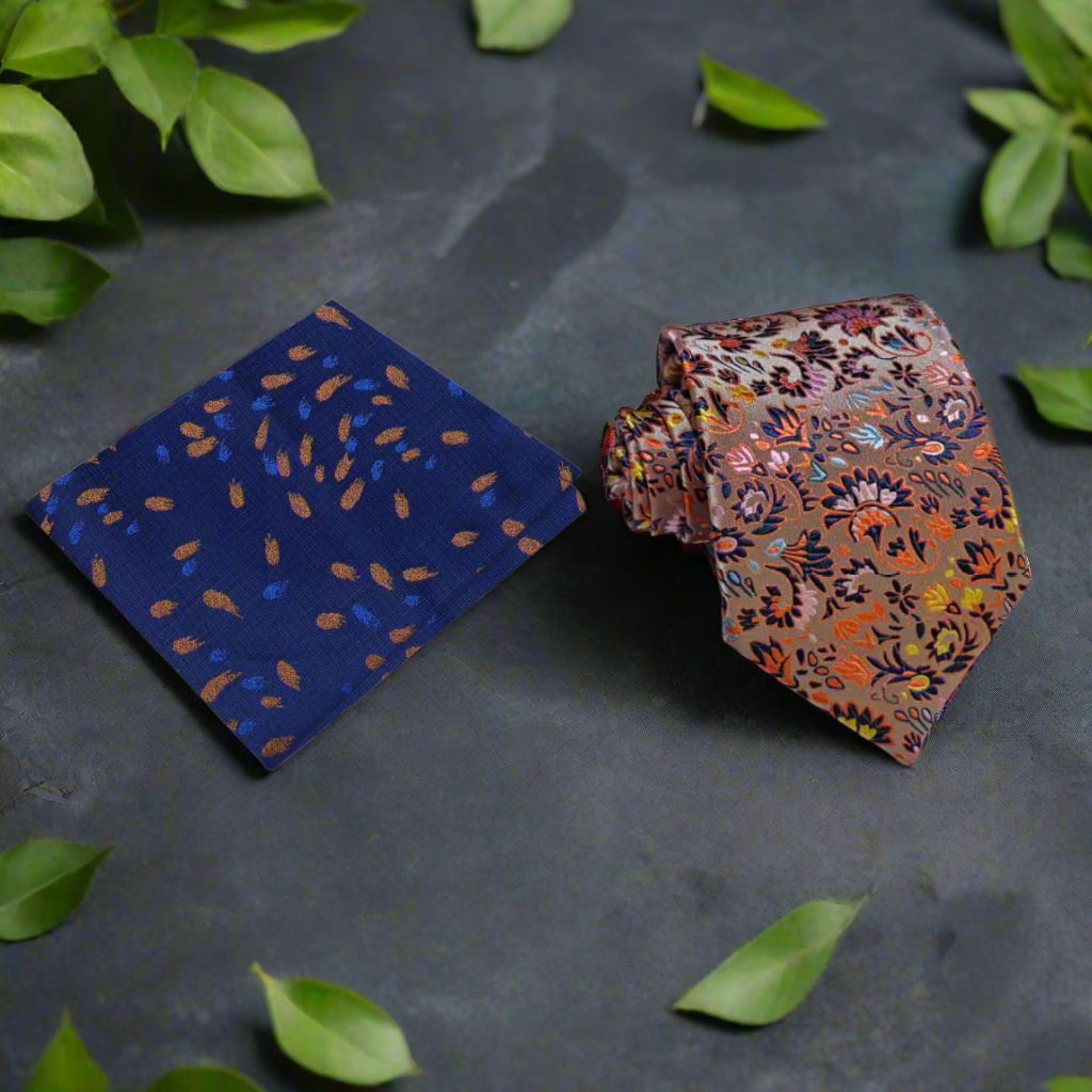 Elegant floral brocade silk necktie in apricot and navy for weddings