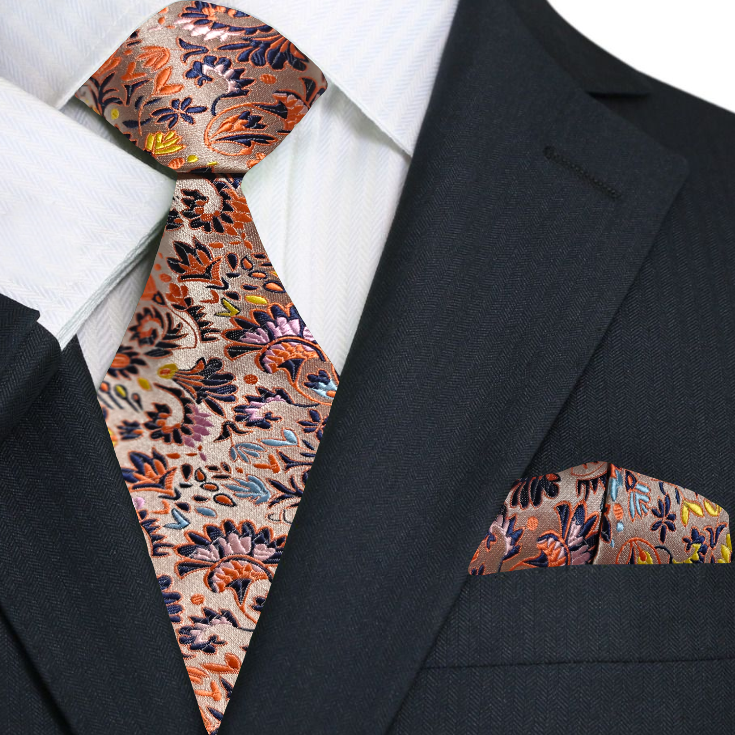 Man wearing a floral necktie for a formal event with a navy suit