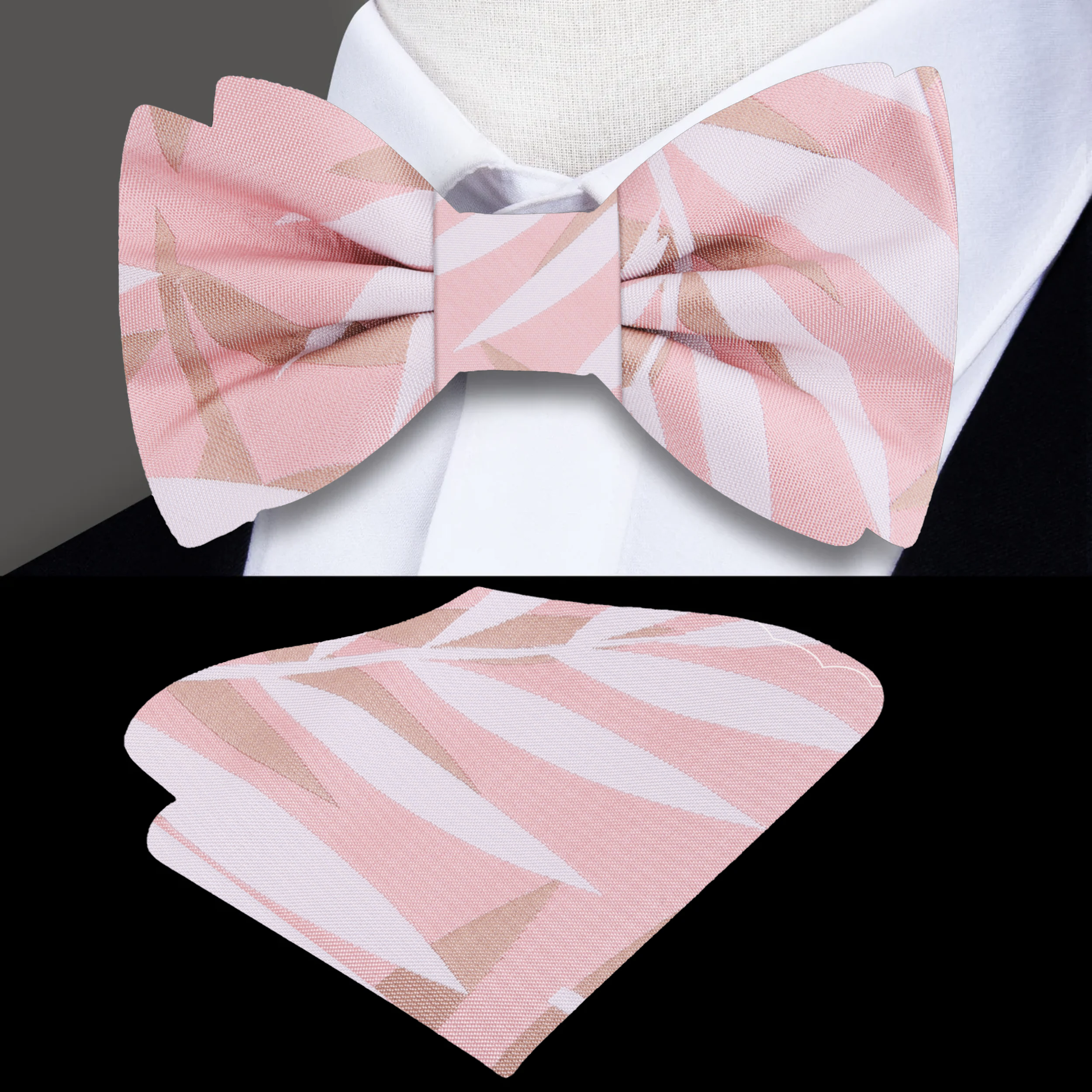 Elegant light pink silk bow tie featuring a leaf and flower abstract design, perfect for garden parties.