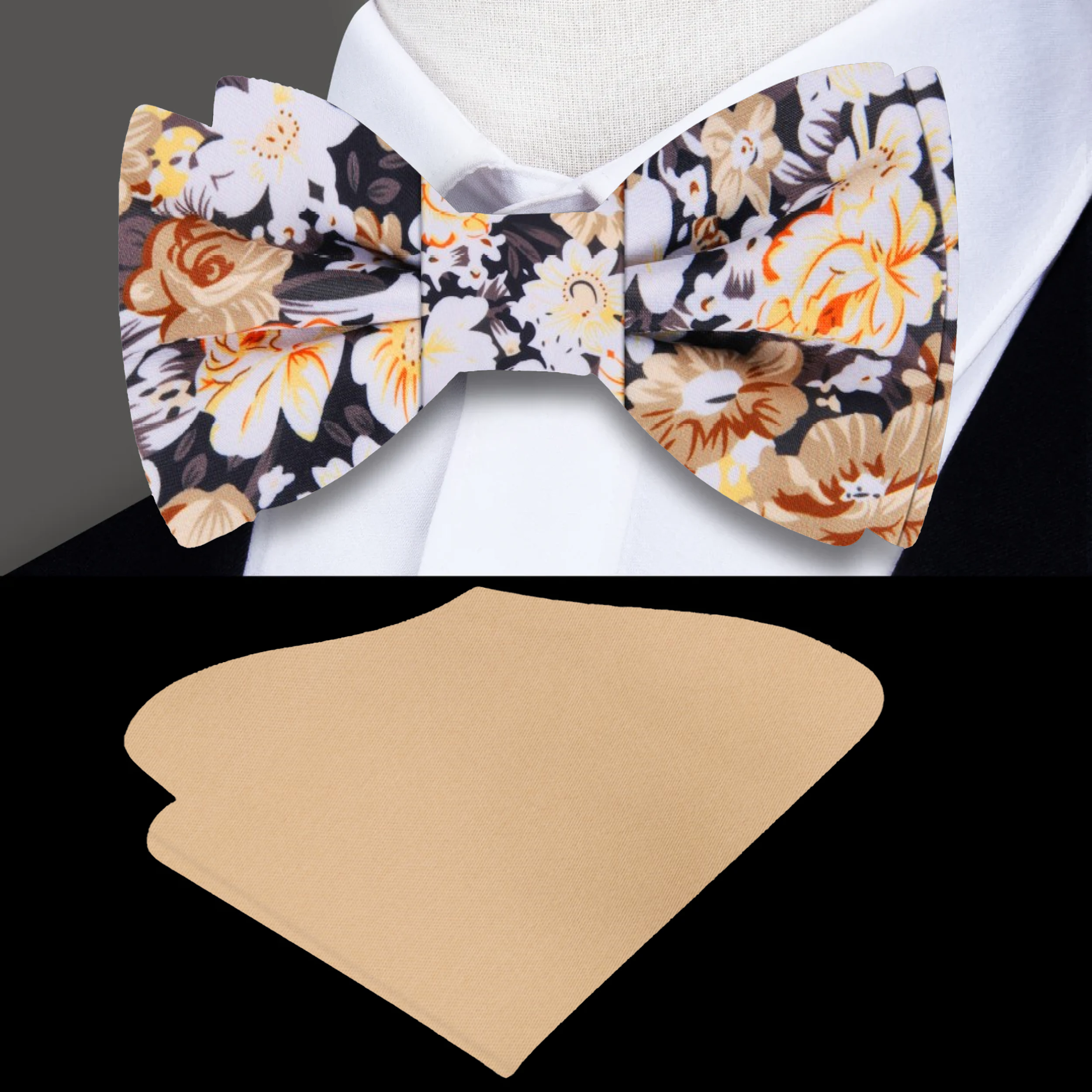 Close-up of shades of brown silk bow tie on a model for weddings