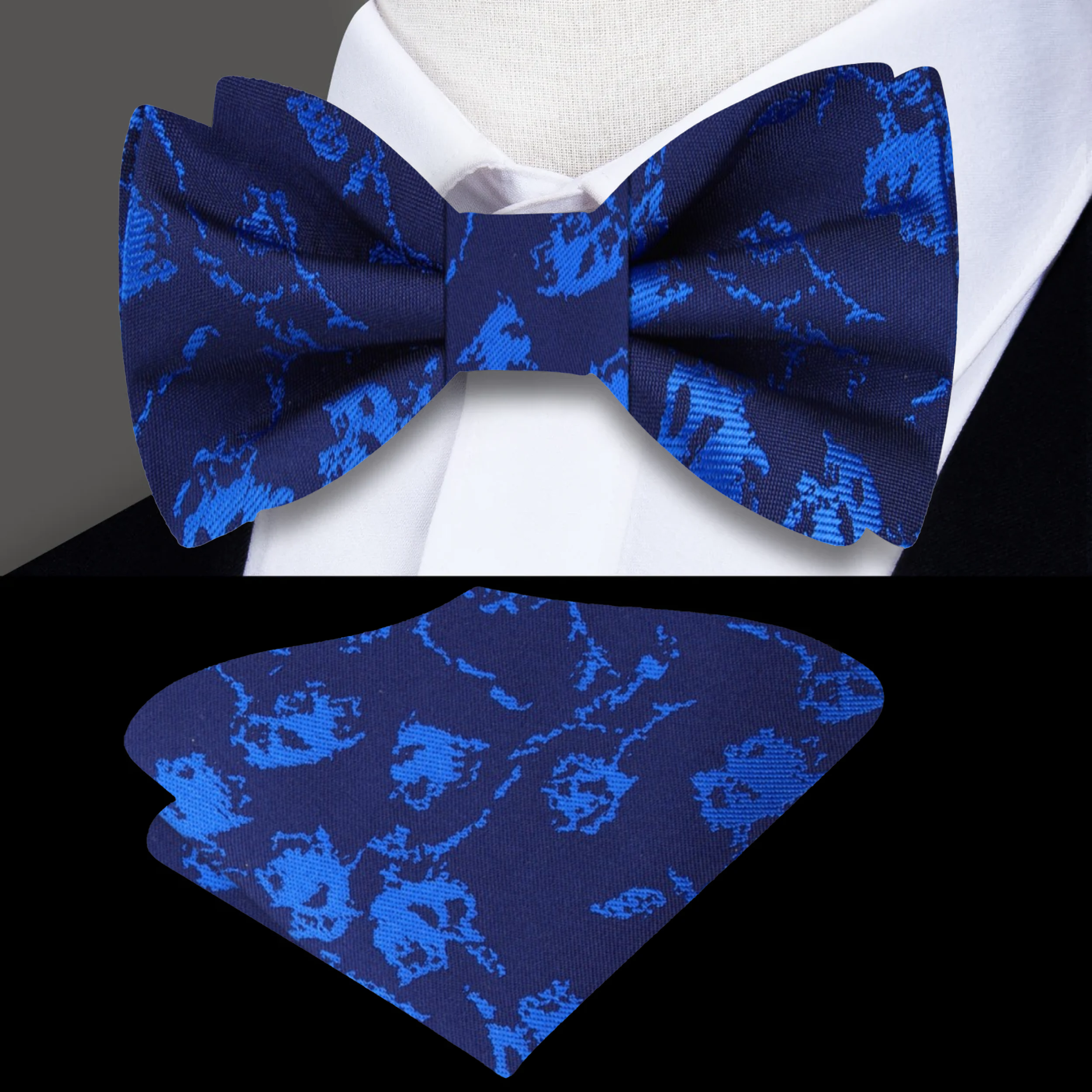 Navy blue silk bow tie with subtle abstract design, ideal for formal occasions