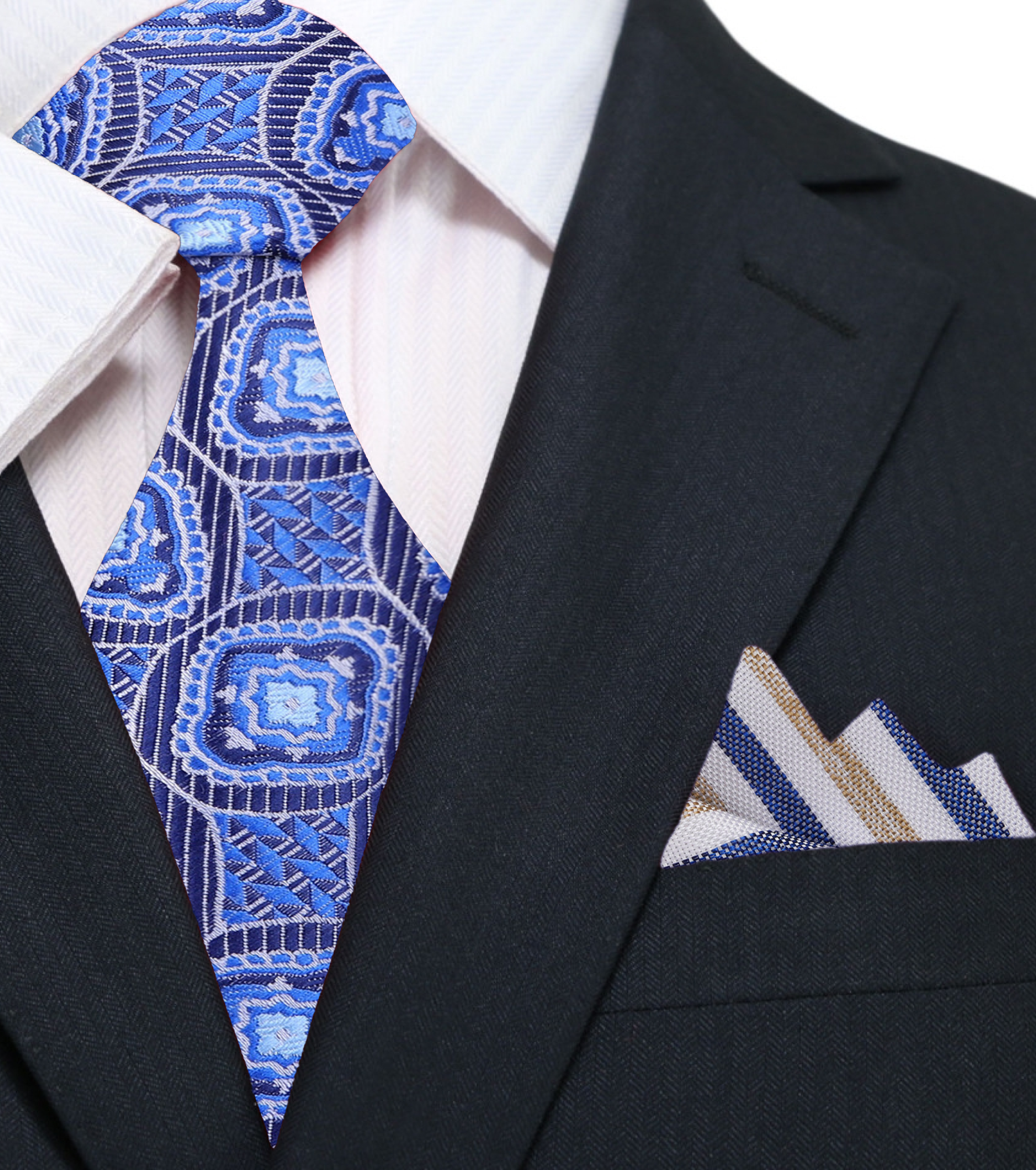 Detail shot of the geometric pattern on a blue silk necktie, showcasing craftsmanship