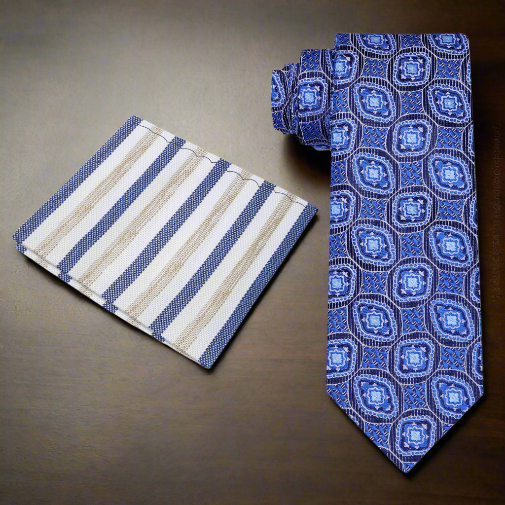 Man wearing a blue silk necktie with geometric design paired with a white dress shirt for a professional look