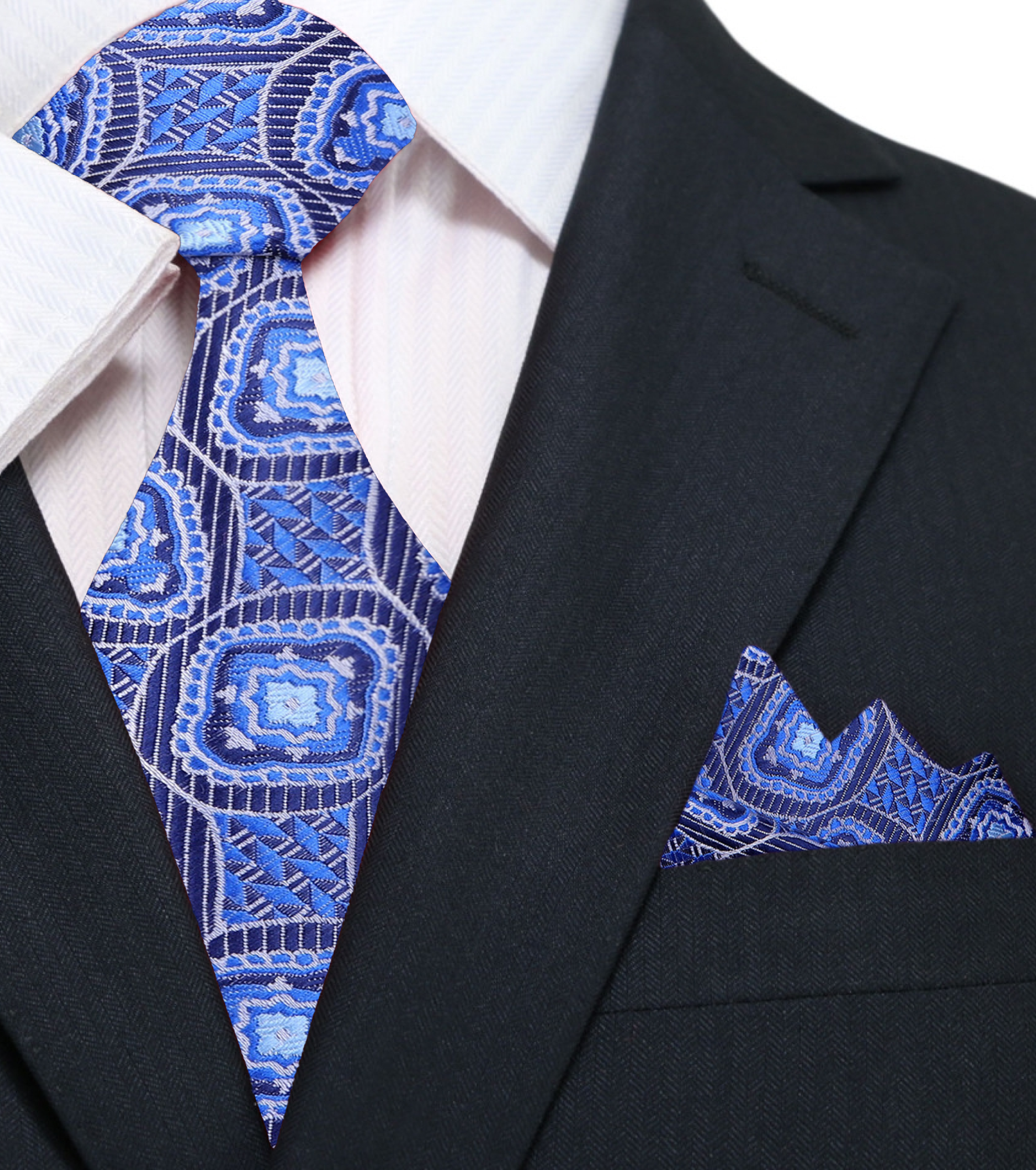 Full view of geometric blue silk necktie on a mannequin, ideal for weddings and business attire