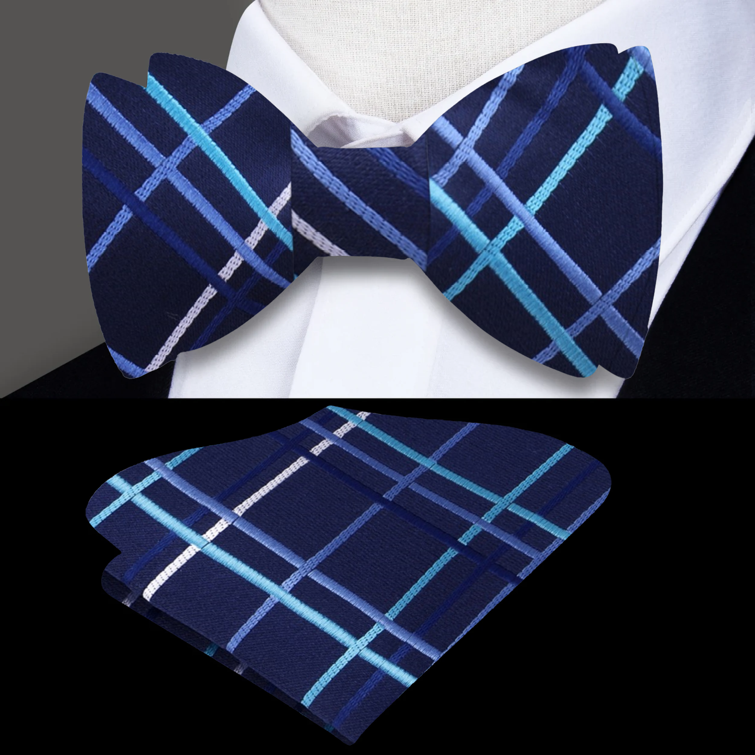 Dark blue silk bow tie with light blue and pastel purple lines, styled with a crisp white shirt.