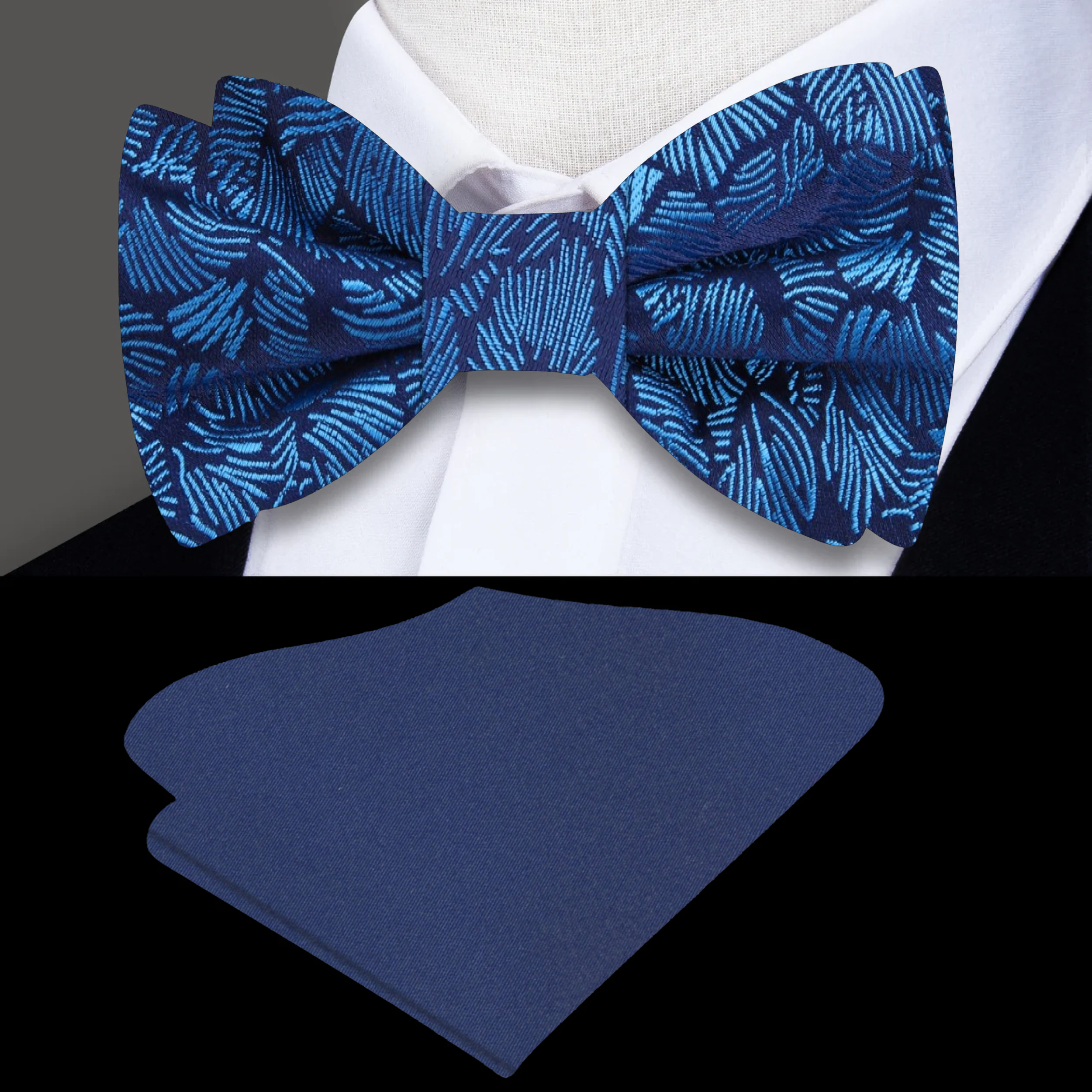 Man wearing adjustable blue bow tie at outdoor wedding