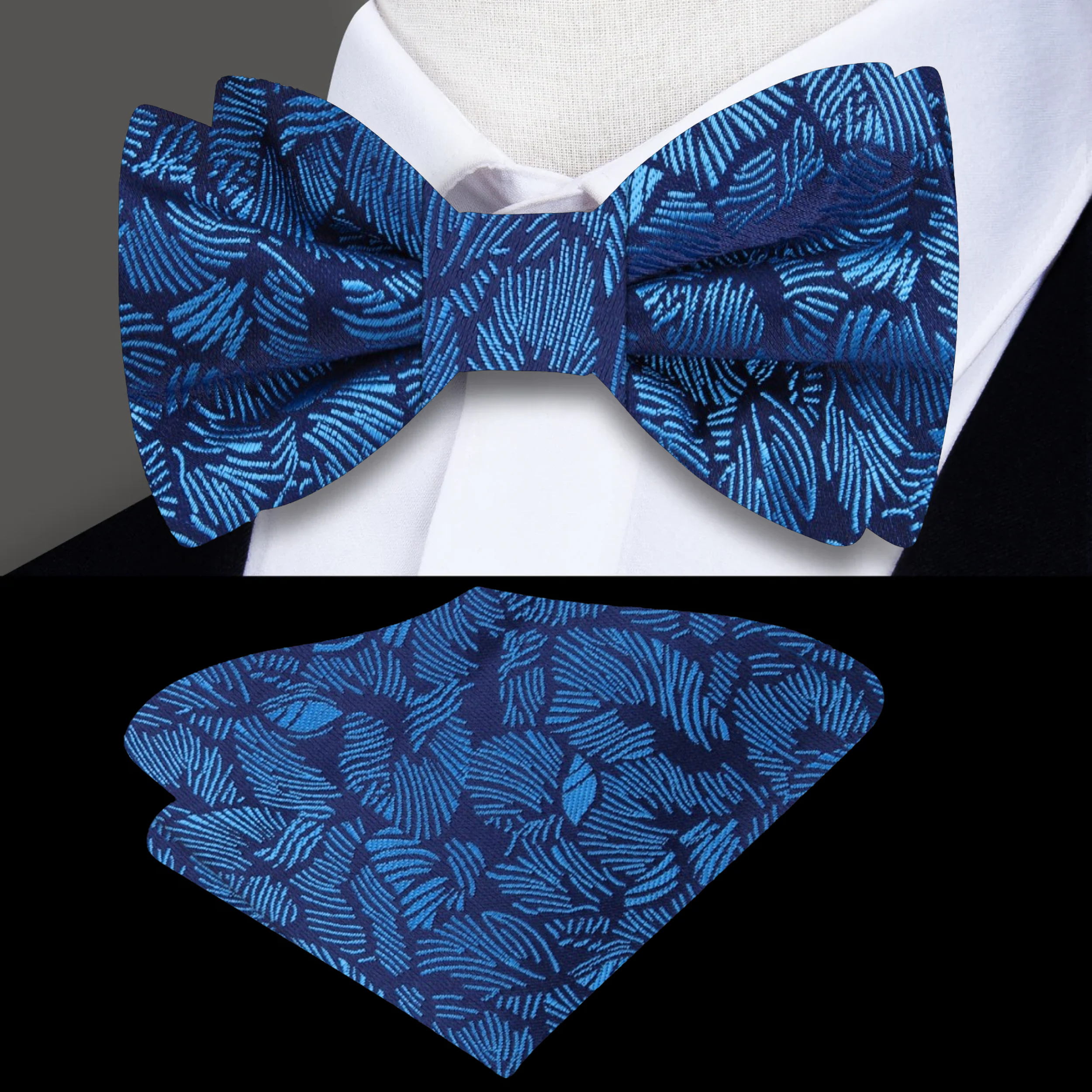 Pairing navy silk bow tie with light blue shirt and suit for a sophisticated look