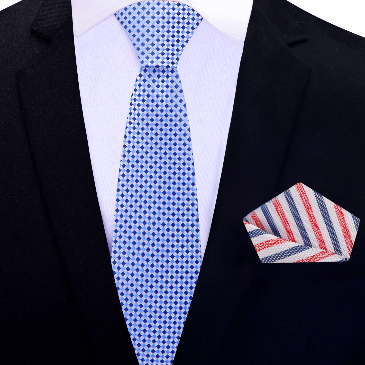 Elegant light blue necktie with dark blue check pattern draped over a suit jacket