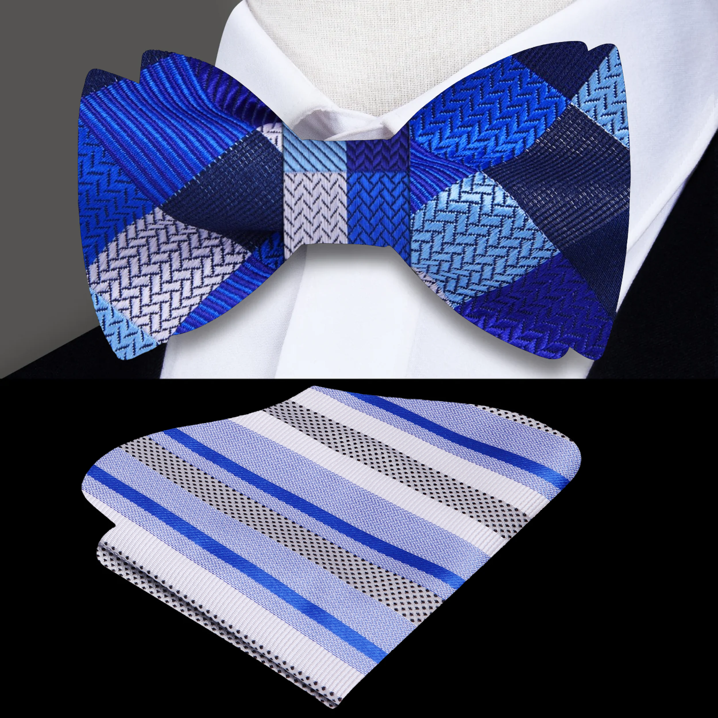 Close-up of the Maverick blue geometric self-tie bow tie highlighting its intricate check pattern.