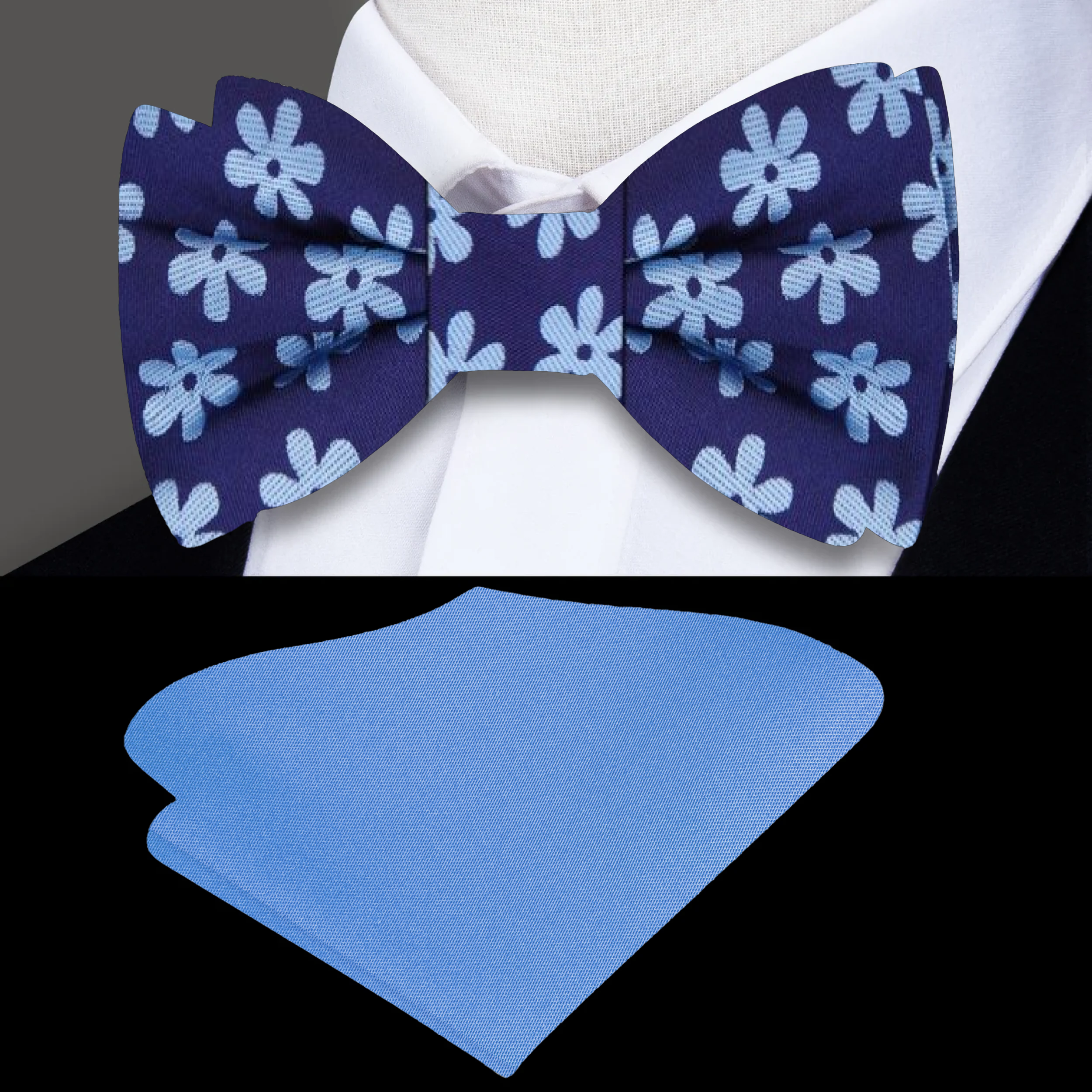 Model wearing the blue daisy self-tie bow tie at a garden party, exuding charm and elegance.