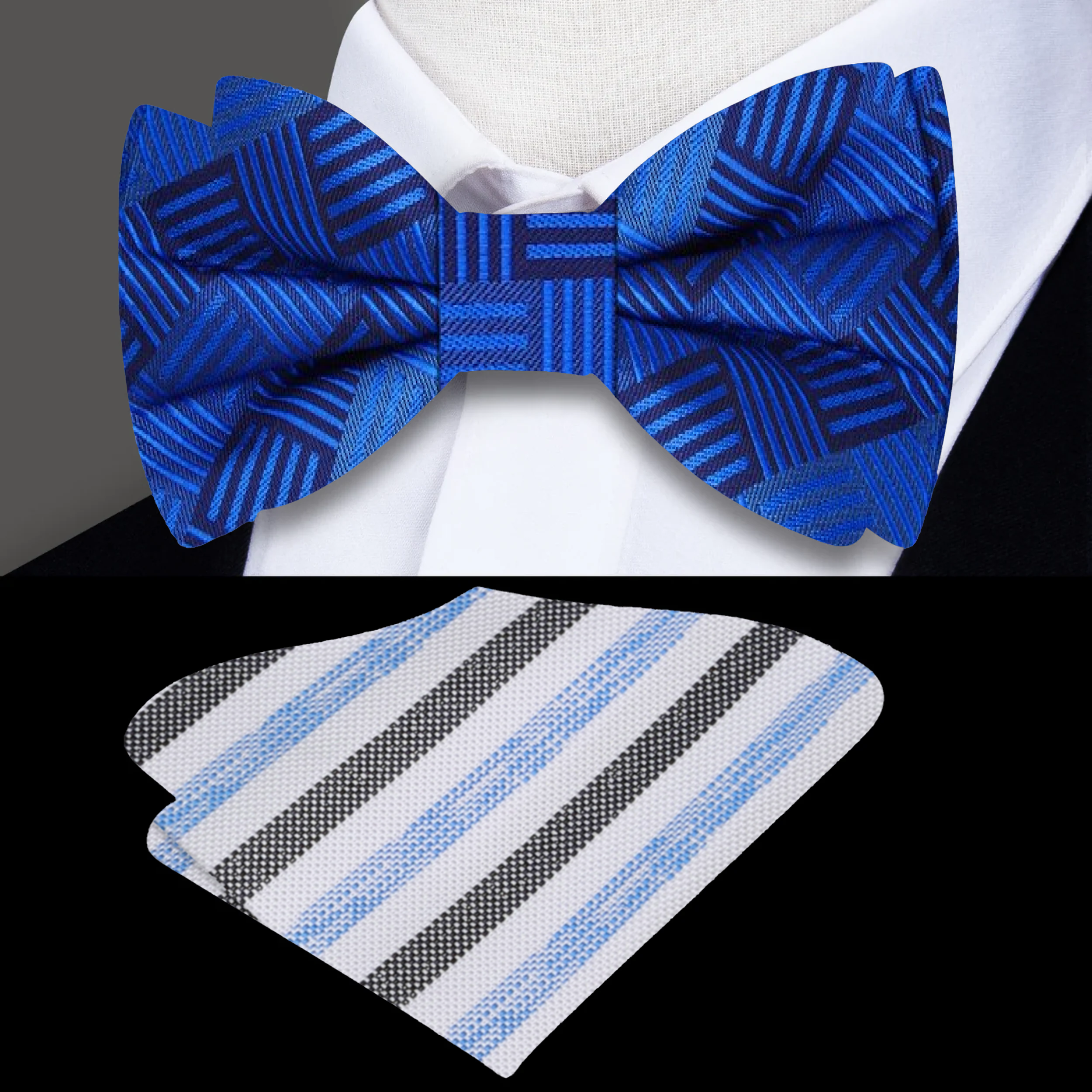 Close-up of blue geometric silk bow tie with detailed pattern