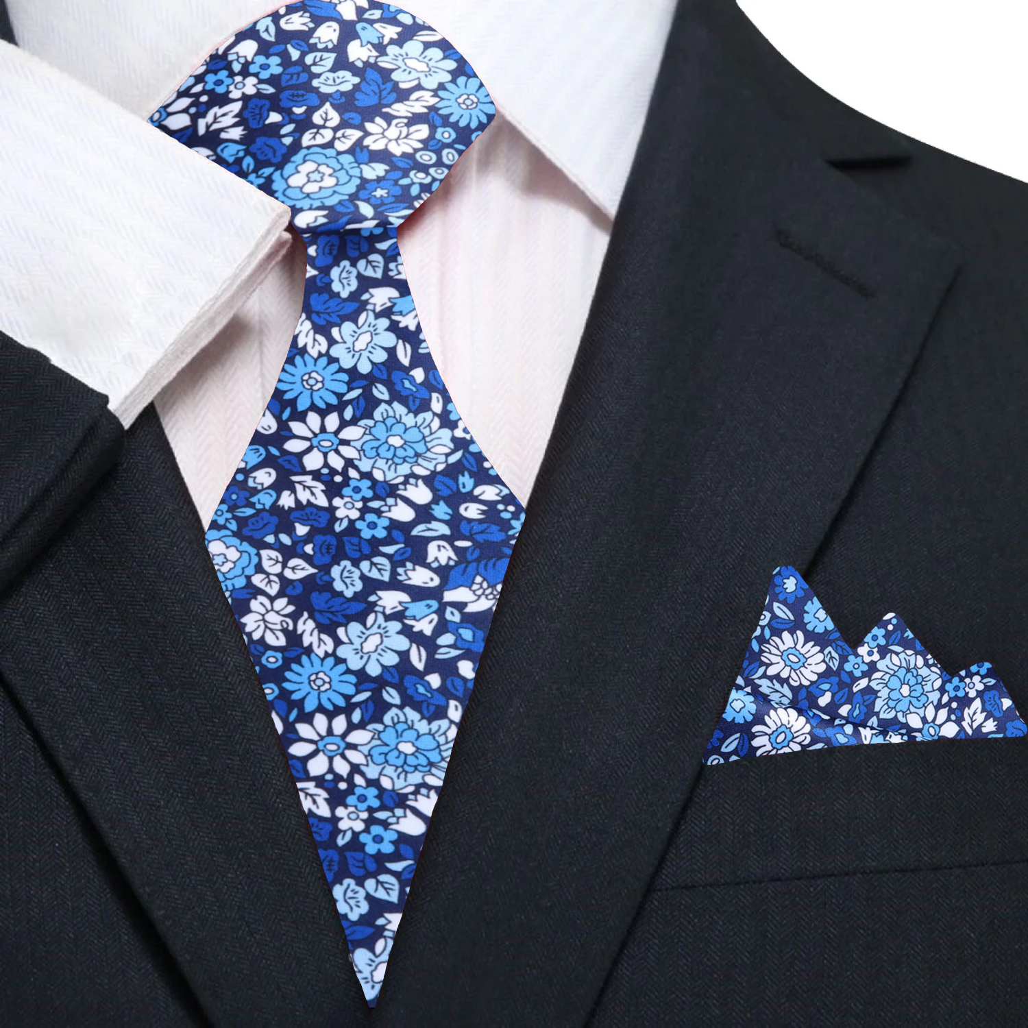 Elegant navy blue silk tie with floral pattern on a mannequin