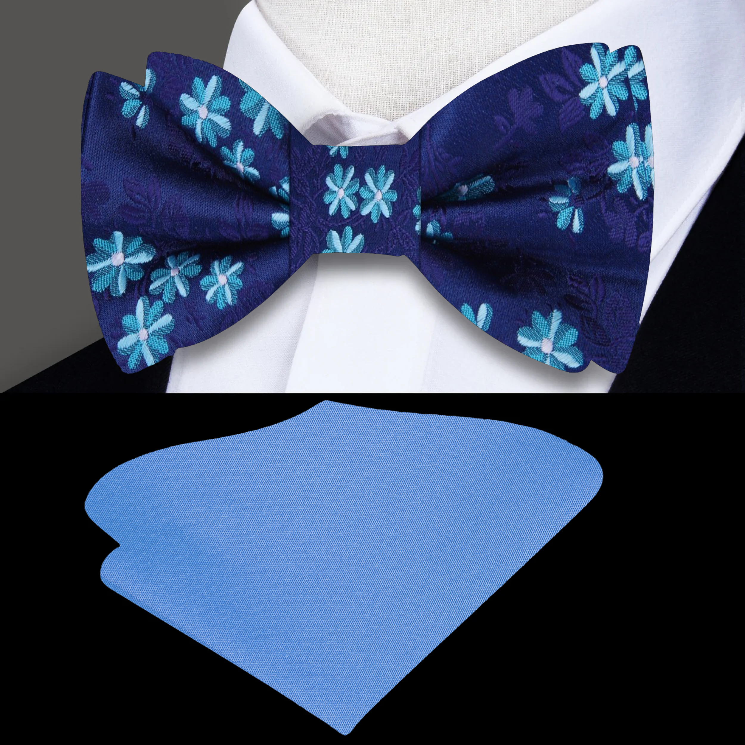 Elegant floral blue silk bow tie with intricate flowers, ideal for formal events.