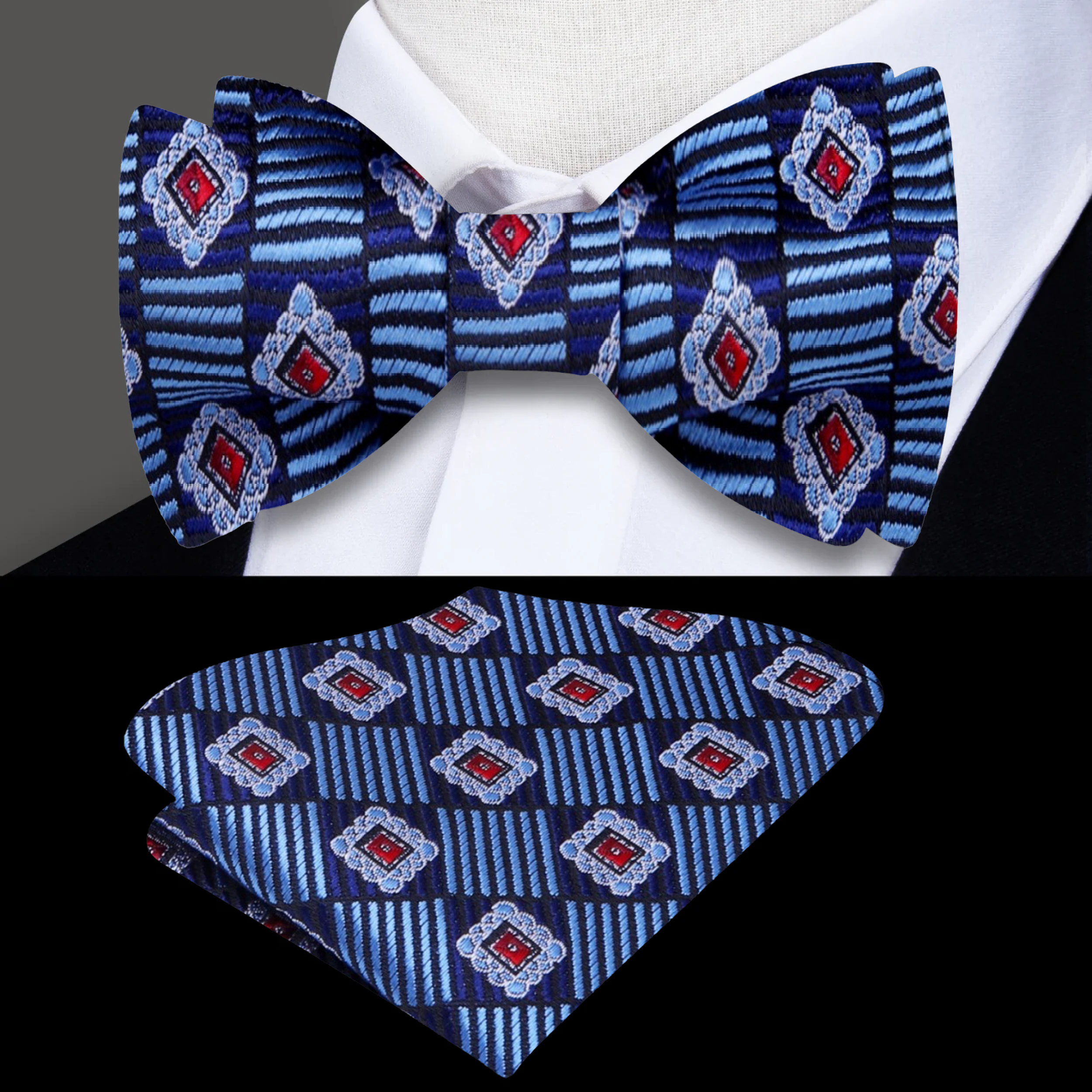 Man wearing a self tie bow tie with a matching pocket square at a wedding