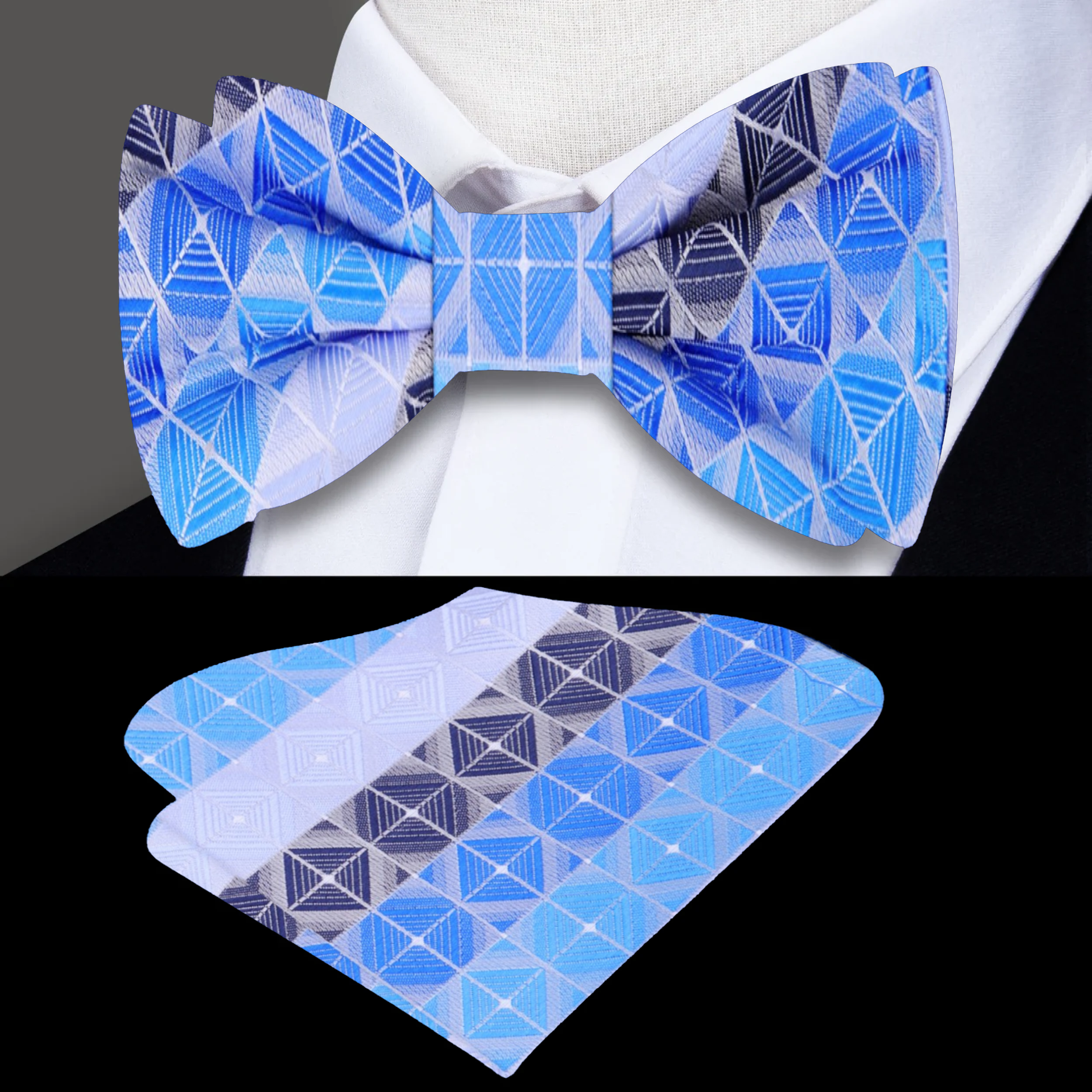 Elegant blue geometric bow tie displayed on a white dress shirt, showcasing its unique pattern.