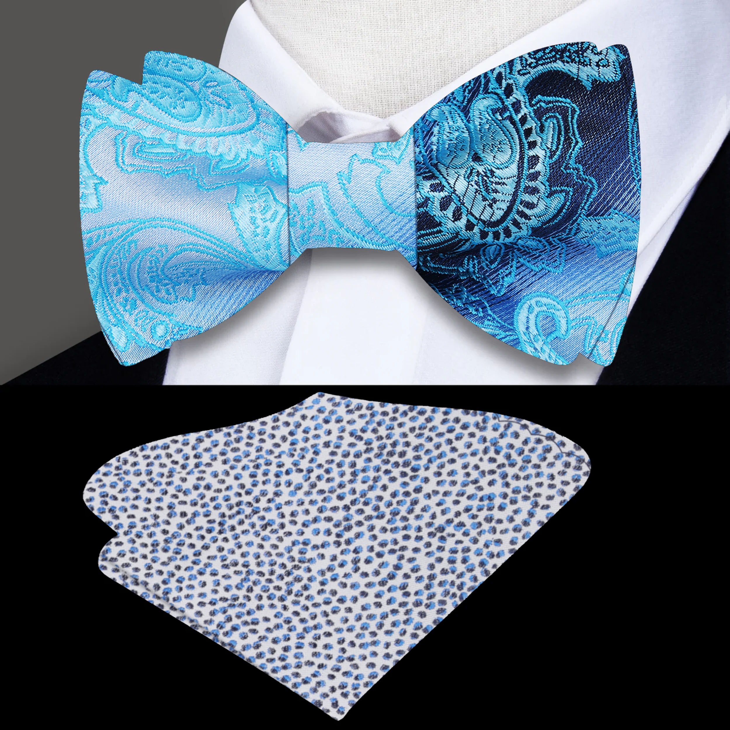 Close-up of the elegant blue paisley bow tie highlighting its intricate design and silk texture.