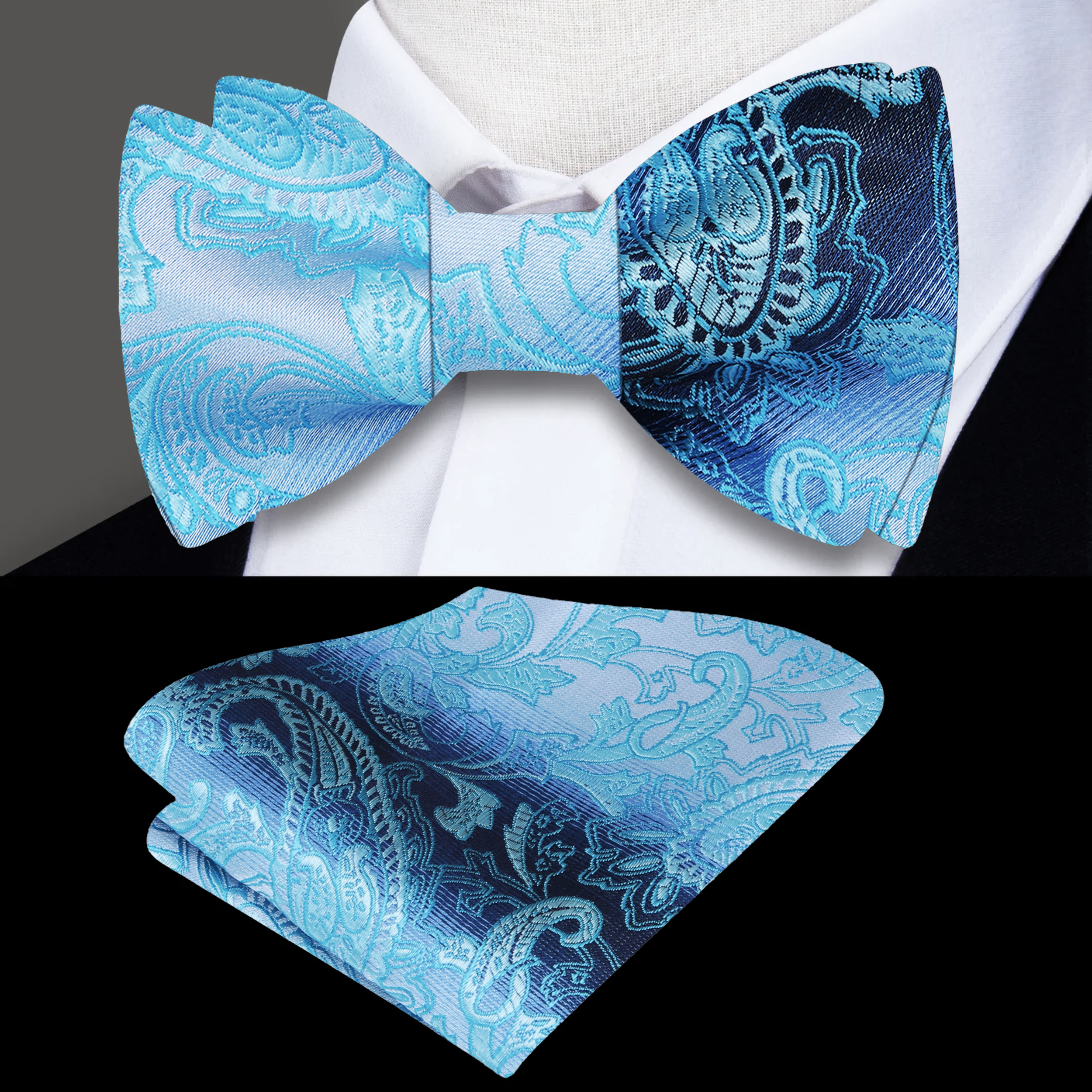 Model wearing the blue paisley bow tie with a crisp white dress shirt at a formal dinner.