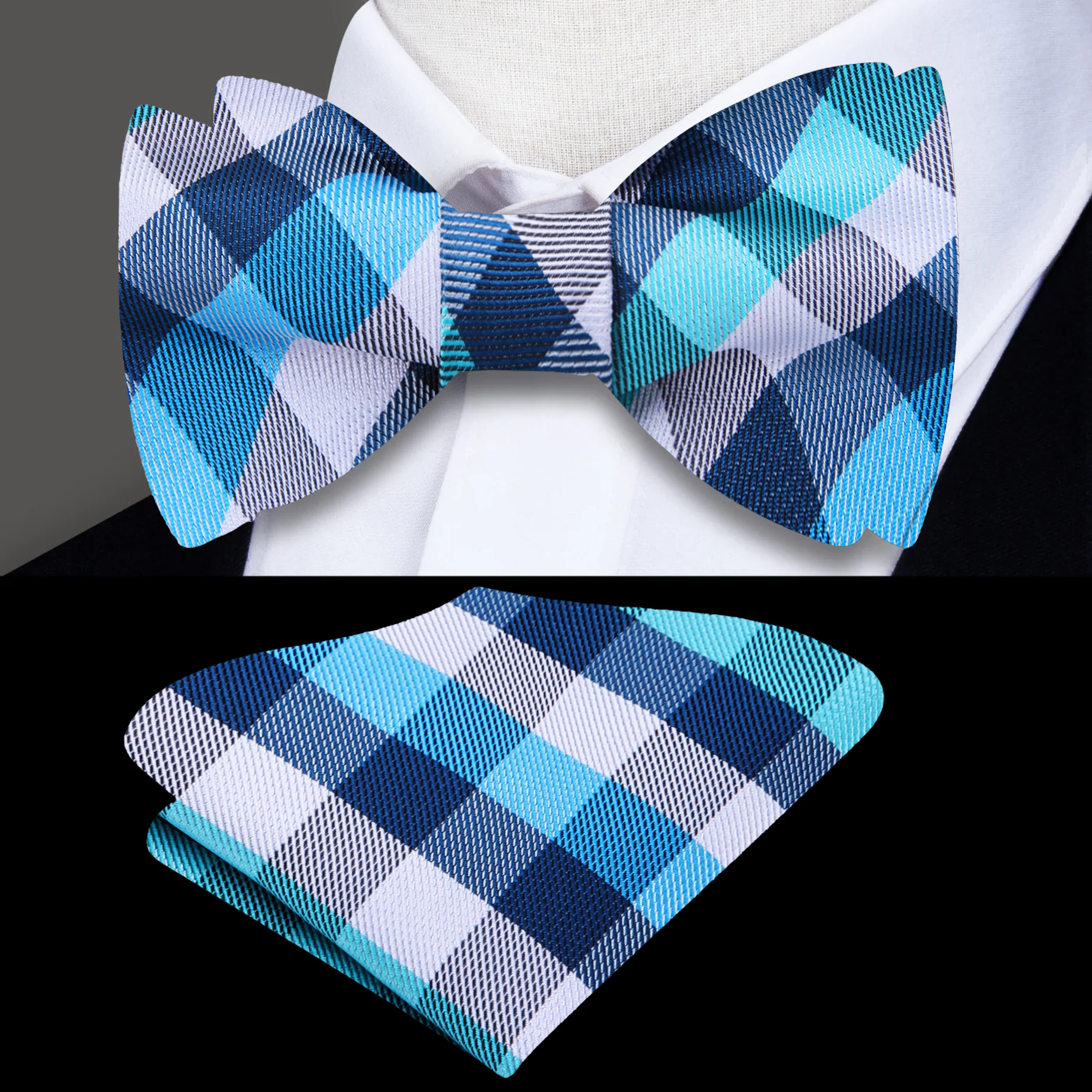 Close-up of dapper green plaid self-tie bow tie showcasing the fabric texture.