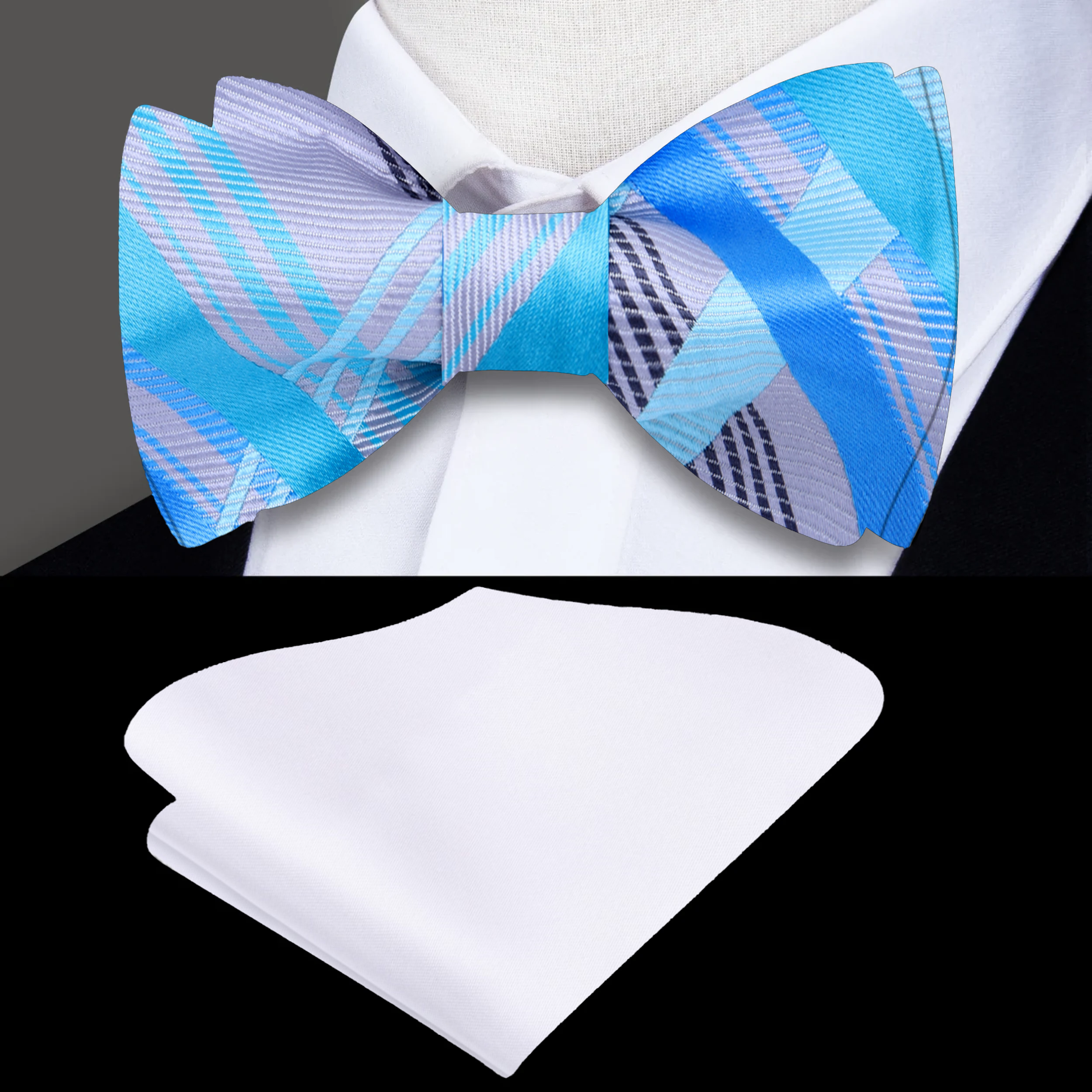 Front view of the Kodiak plaid silk bow tie on a model for formal events