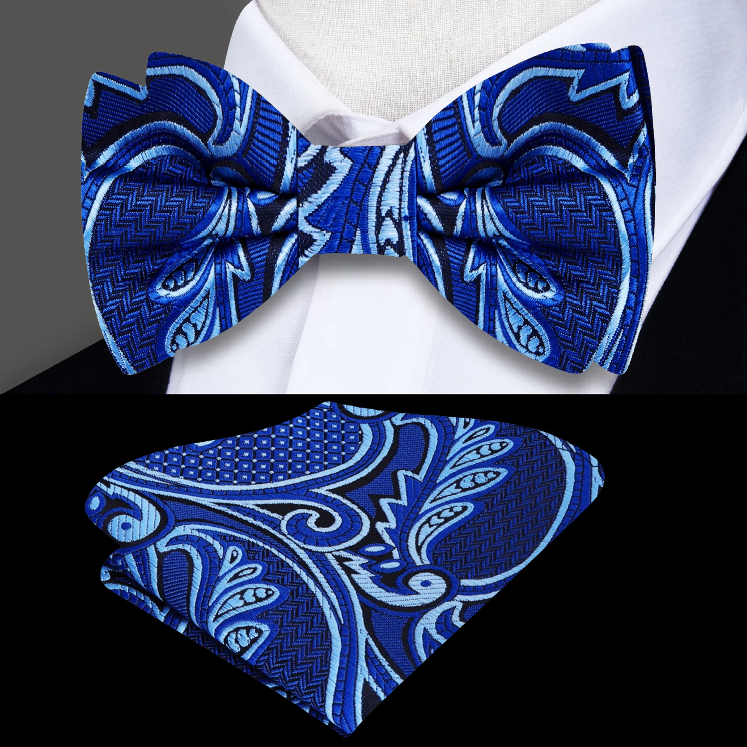 Close-up of the paisley design on the dark blue silk bow tie, highlighting its intricate details.