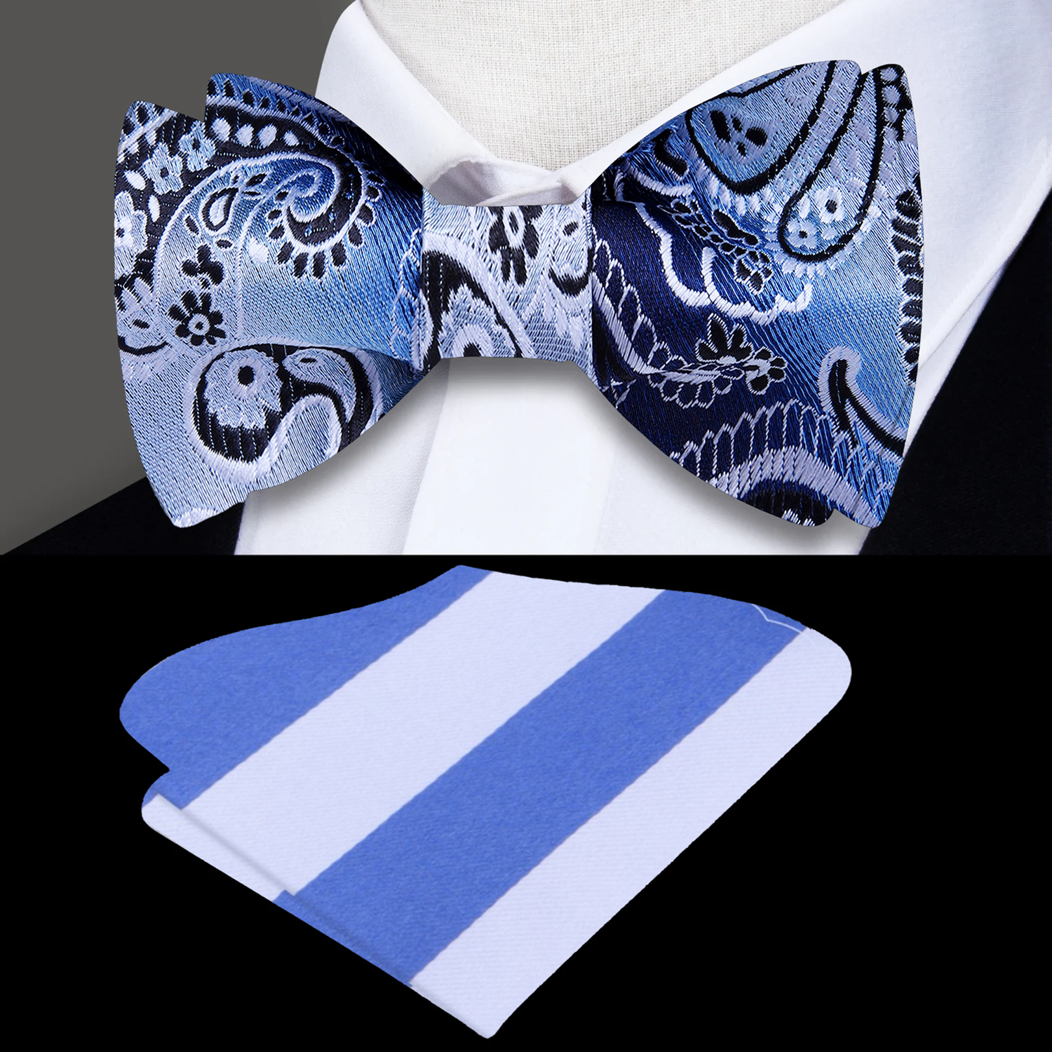 Elegant paisley self-tie bow tie in blue and white on a model for formal wear