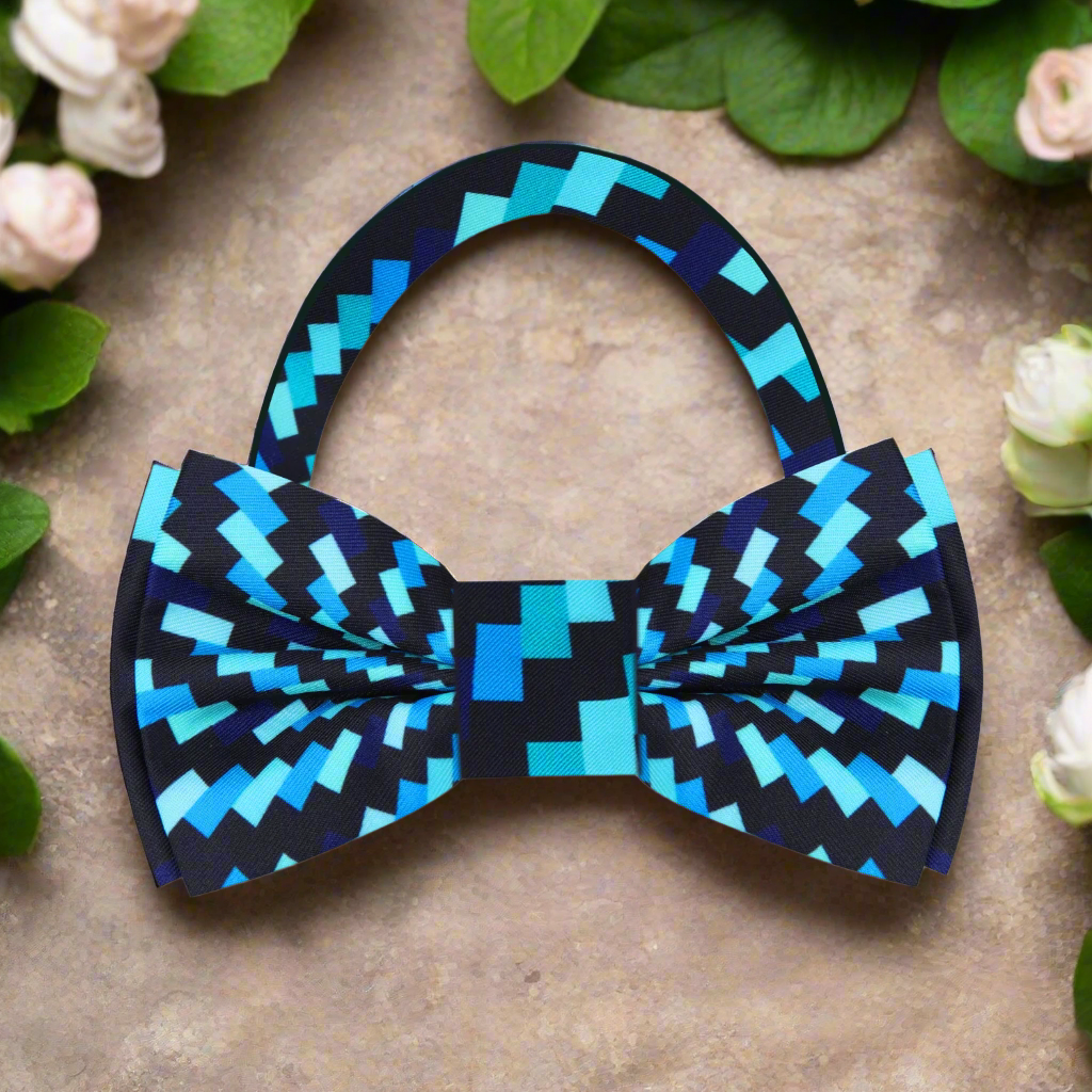 Close-up of the swirling geometric design on the patriotic bow tie, highlighting the color contrast.