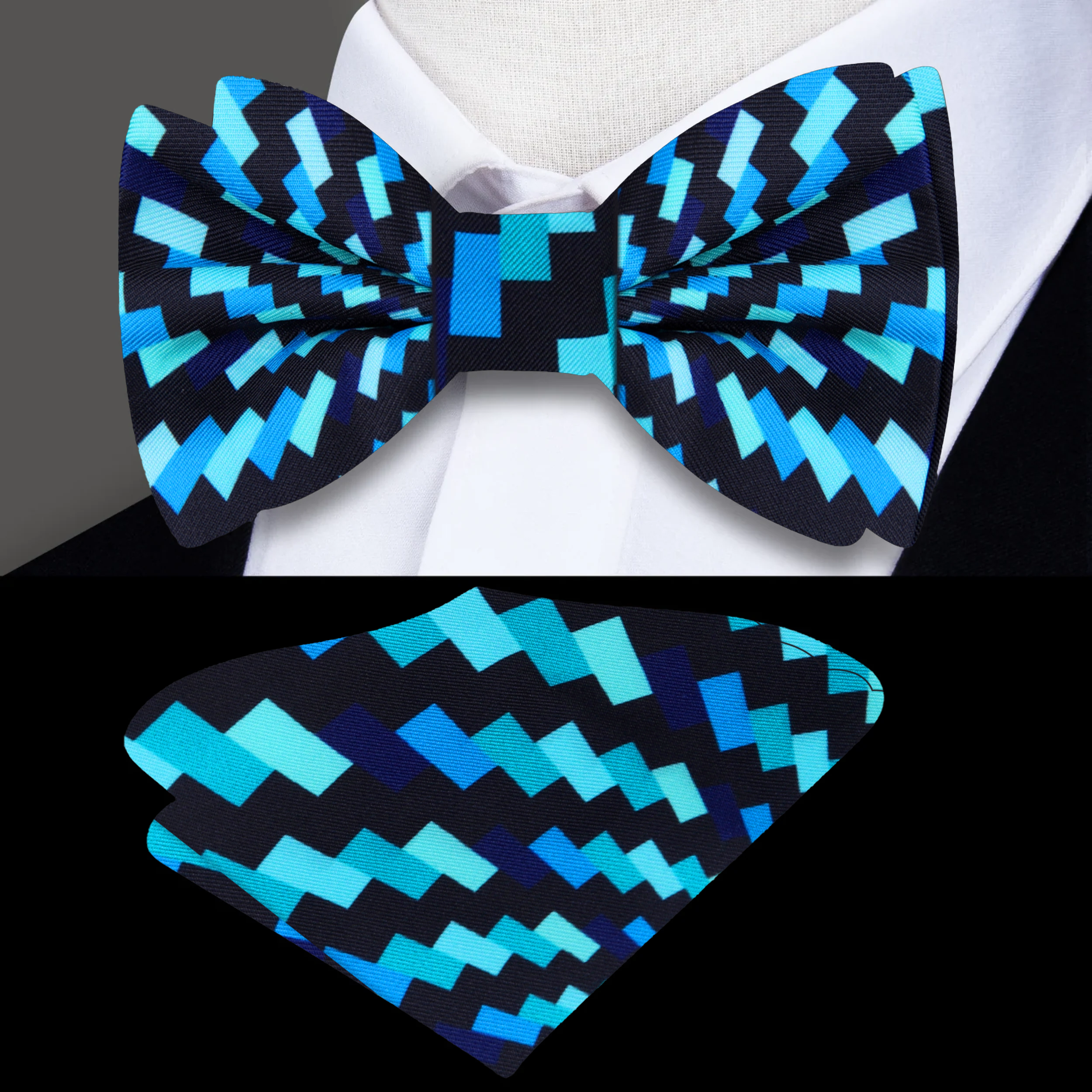 Front view of the vibrant red, white, and blue self-tie bow tie, showcasing its abstract pattern and adjustable features.
