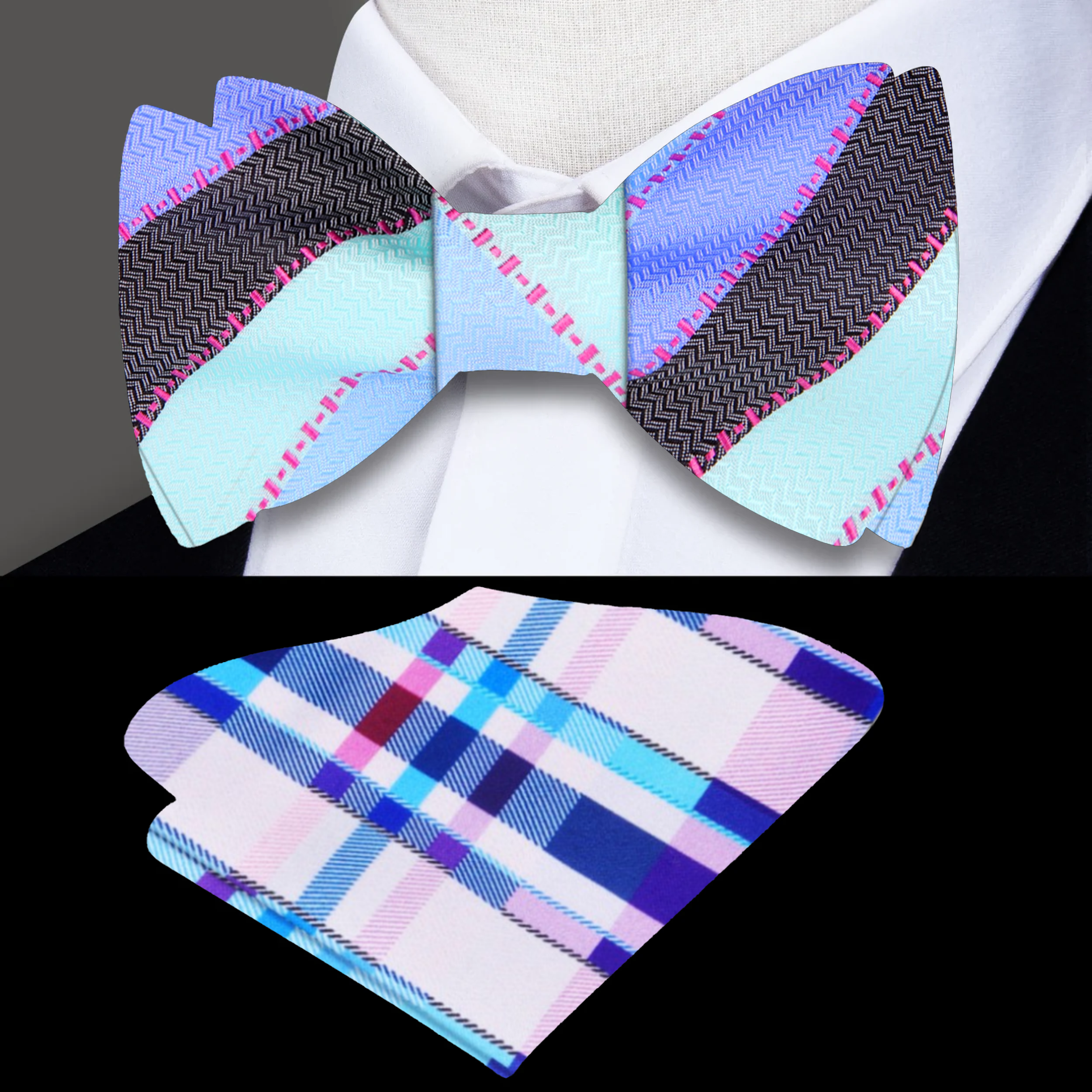 Elegant blue and purple striped bow tie displayed against a white background.
