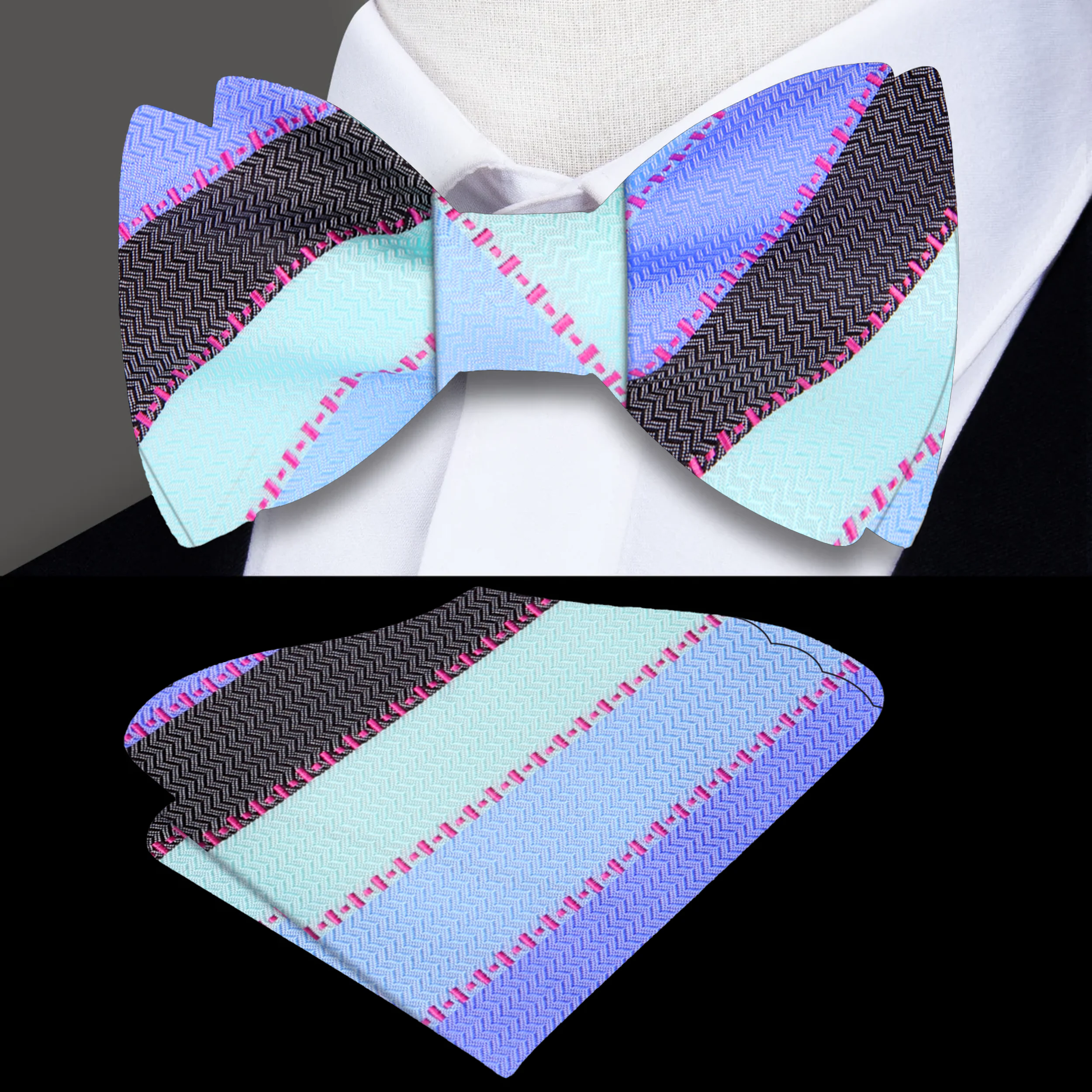 Close-up of the blue and purple striped bow tie showcasing its silk texture.