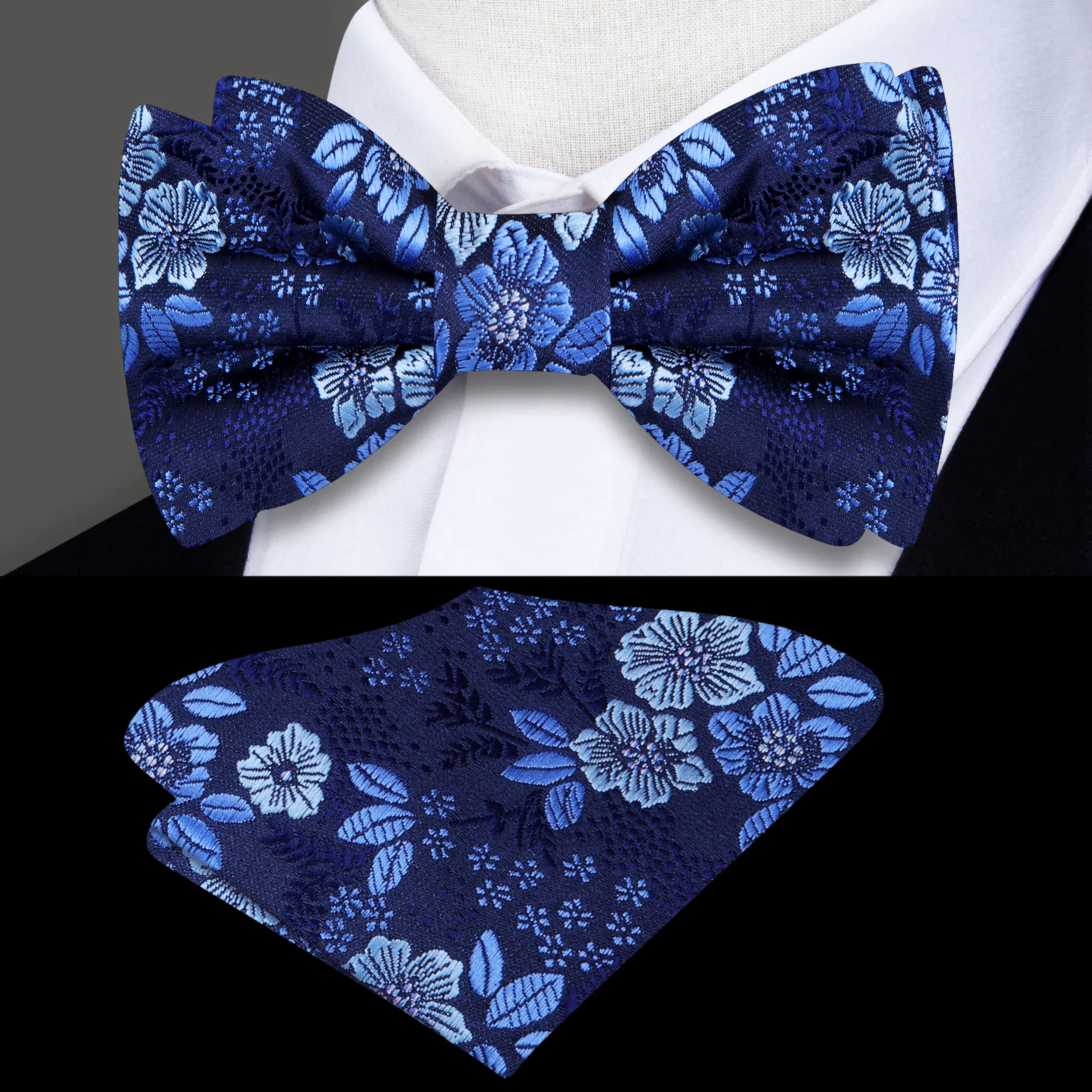 Elegant floral bow tie paired with a light grey suit, showcasing a fresh and versatile look.