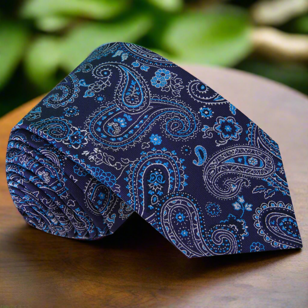 Close-up of the elegant blue grey paisley silk necktie showcasing its intricate design.
