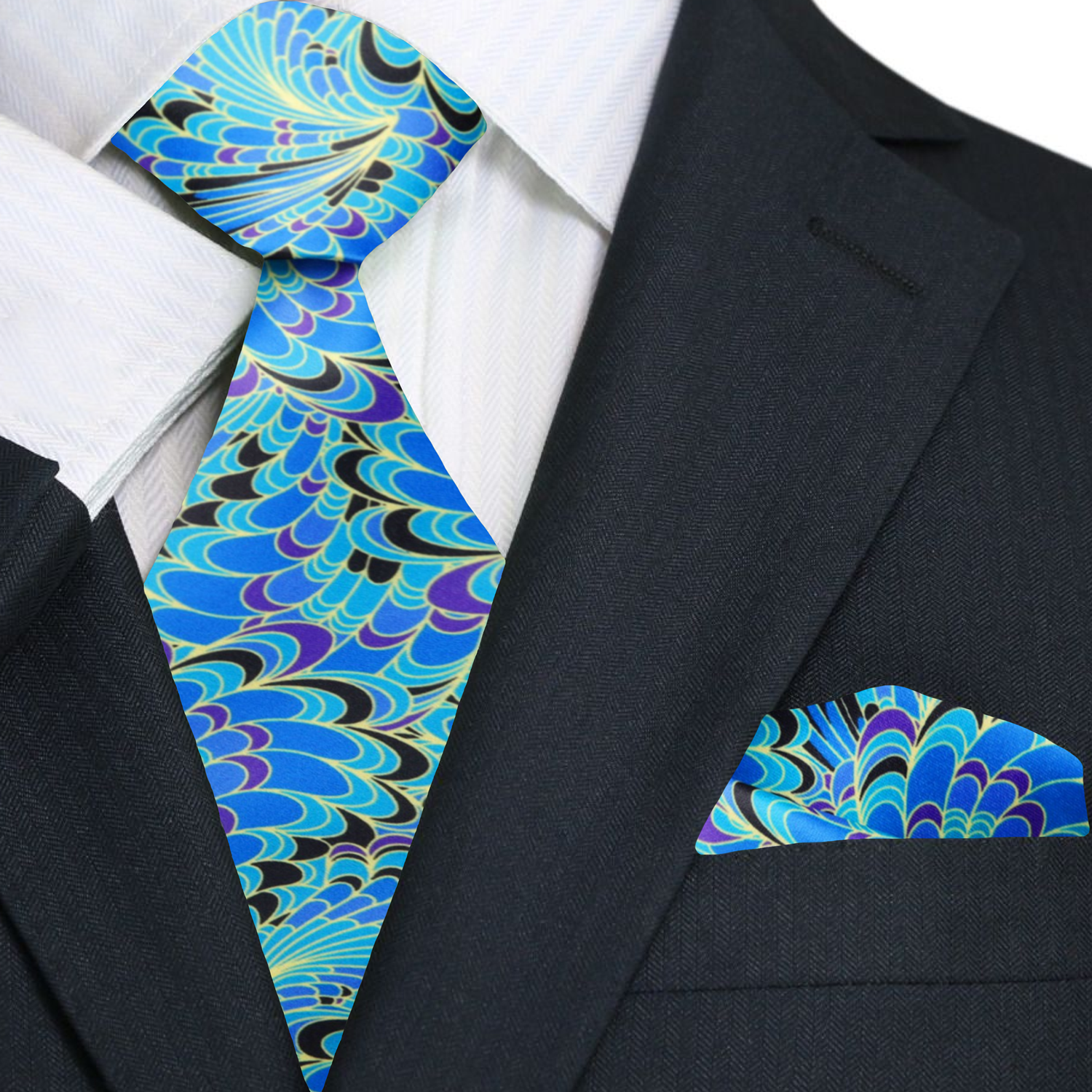 Elegant peacock feather pattern silk tie in blue, purple, green, and yellow for formal occasions